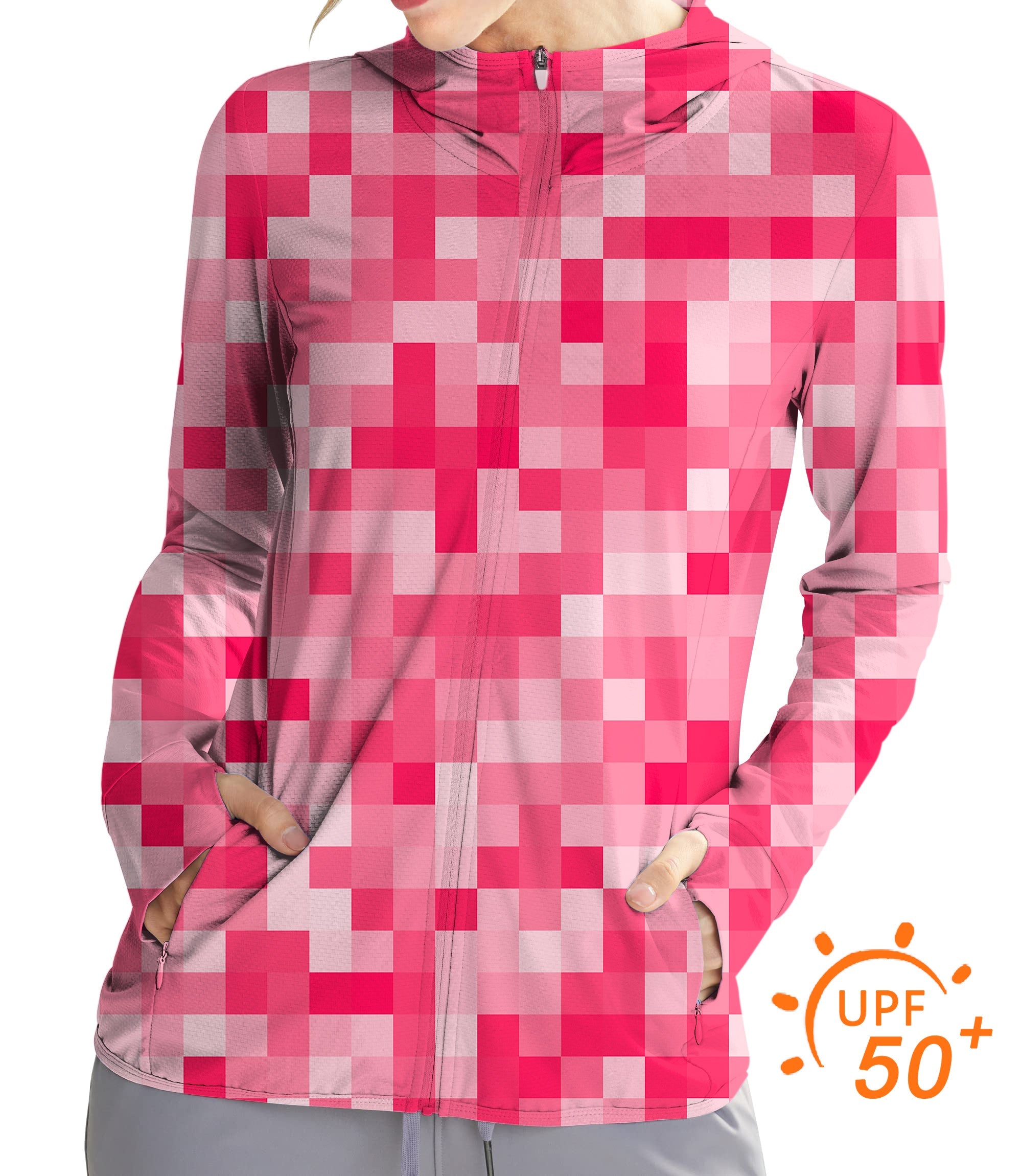 Women's outdoor light red pixel zip hoodie with UPF 50+ sun protection and slim fit design