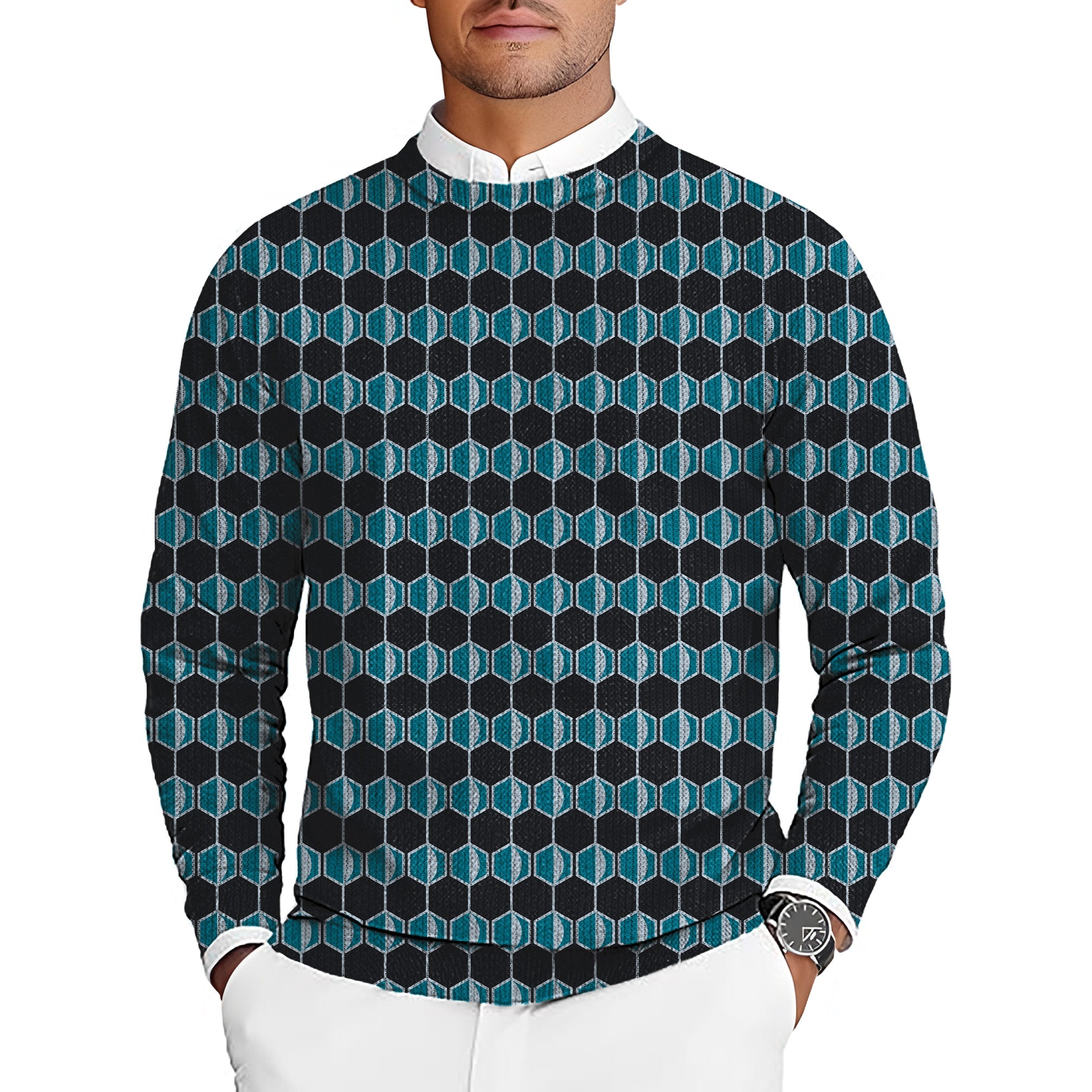 Navy blue hexagon men's golf crewneck pullover sweater with geometric pattern