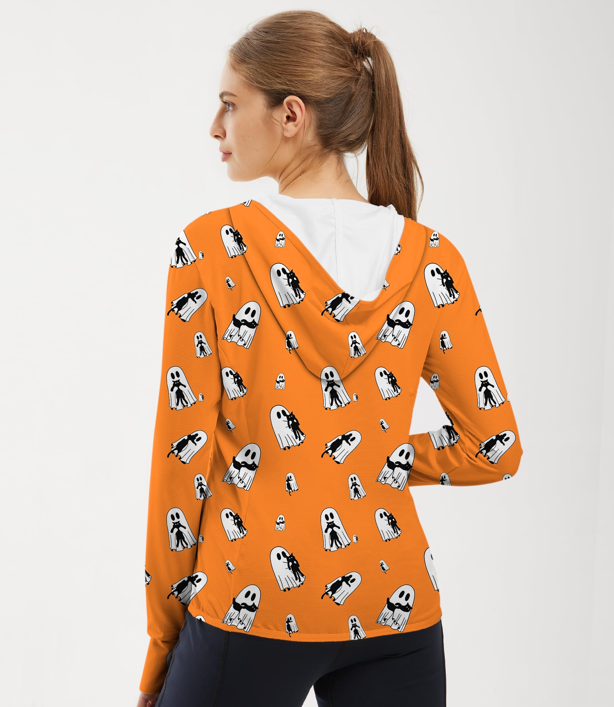 Women's outdoor Halloween ghost hug cat orange zip hoodie with sun protection and slim fit design