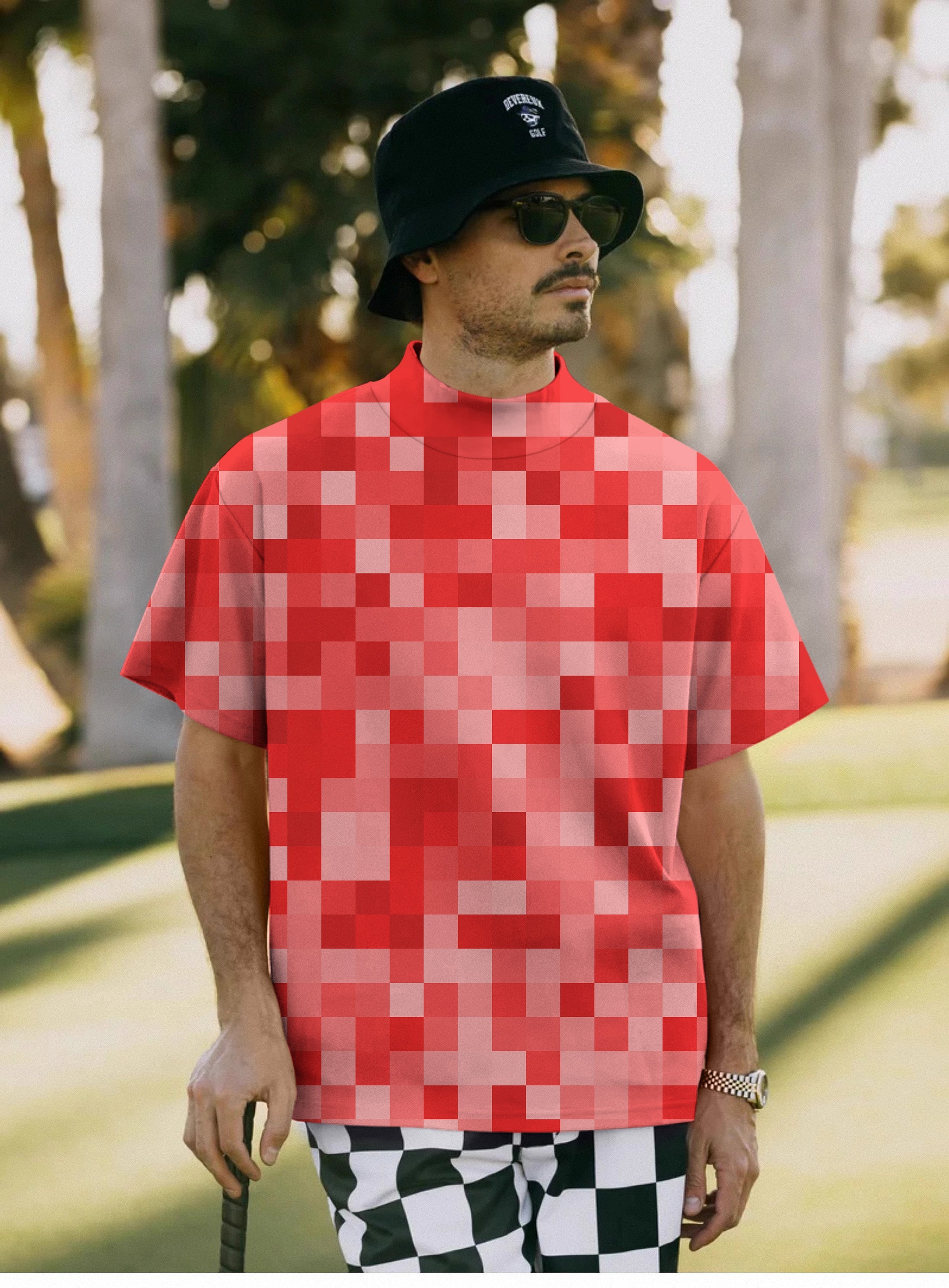 Men's Red Pixel Big Pullover high neck short sleeve T-shirt with pixelated red design