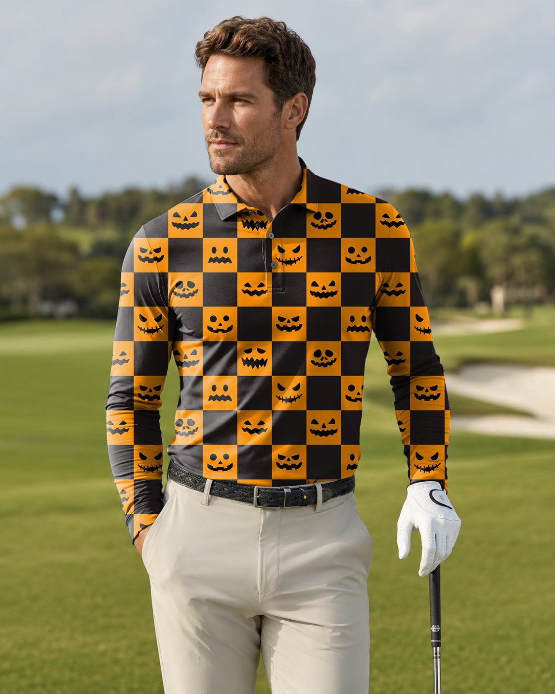 Men's Halloween black and yellow checkerboard pumpkin Long-sleeved Polo