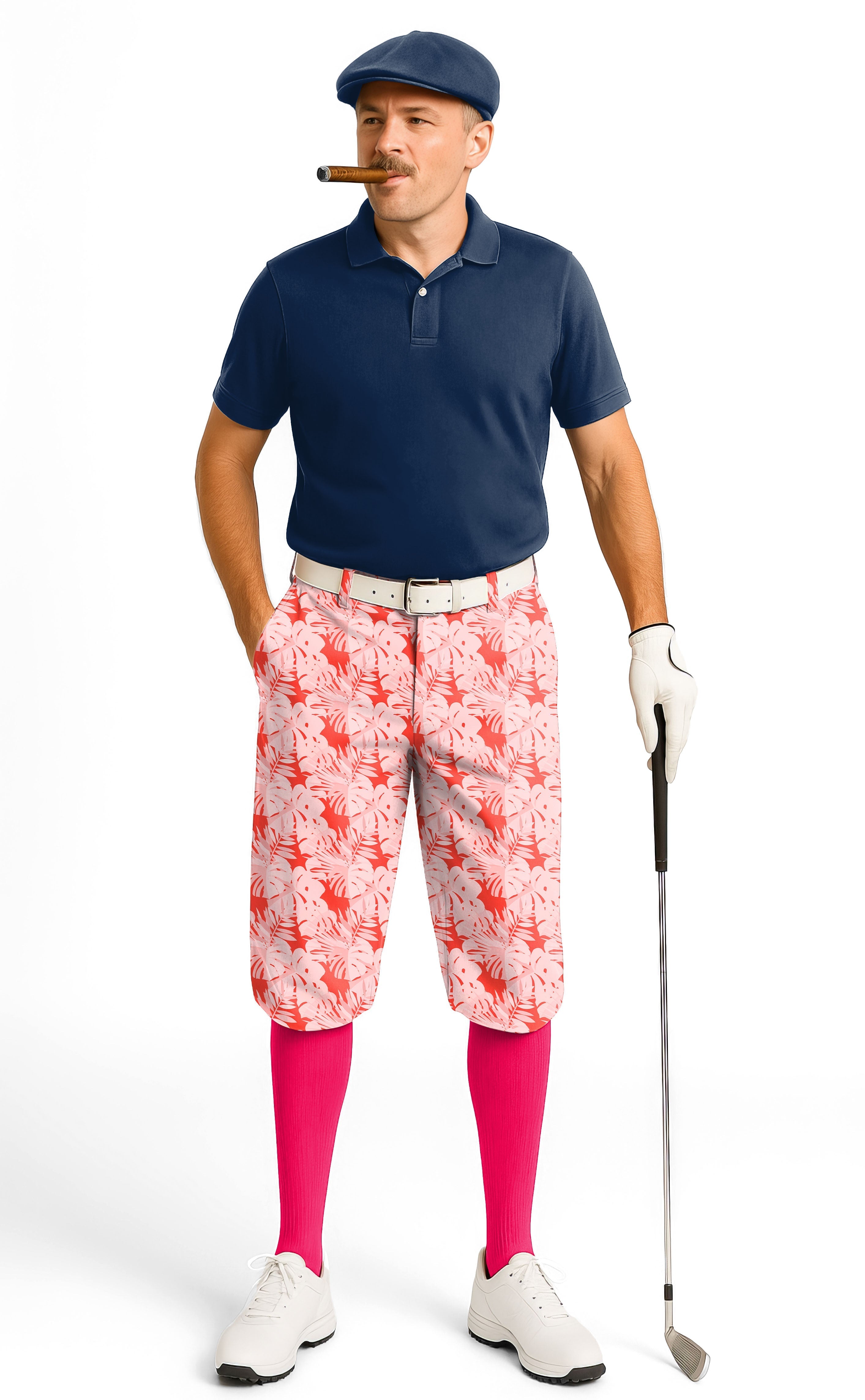 men's golf outfit with red tropical leaves and plants knickers pants and navy polo shirt