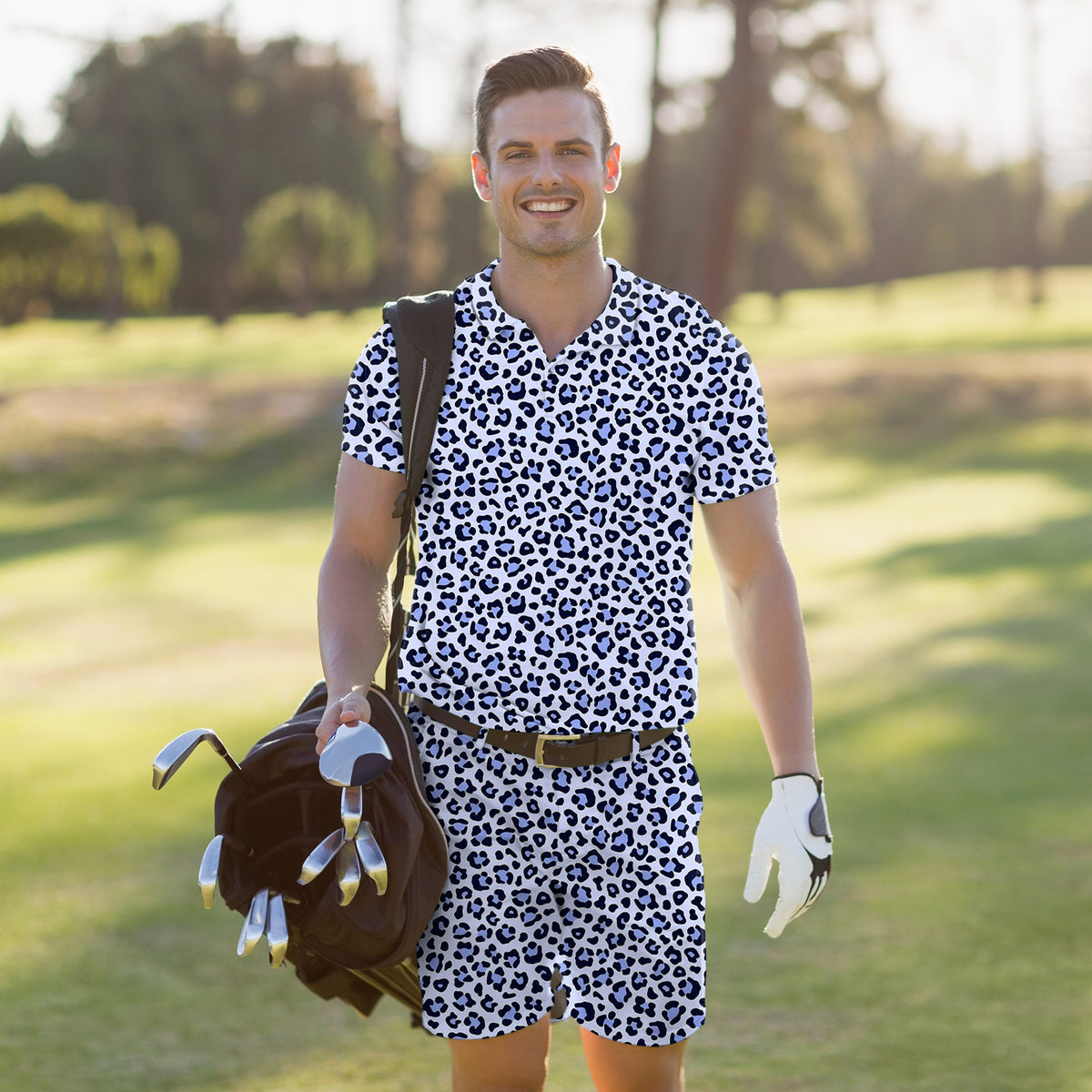 Men's Golf Set Polo+Shorts purple leopard print Men's Golf Knickers Pants