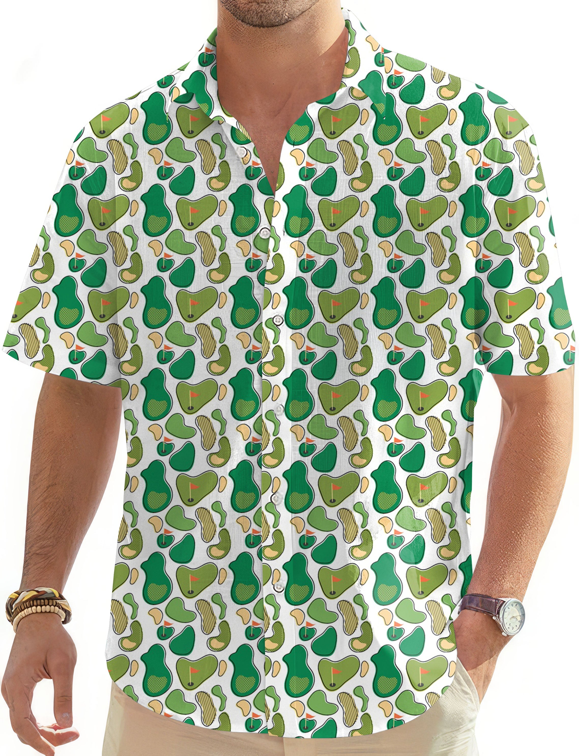 Winning Putt-Men's Golf Hawaiian shirt with green and beige golf course pattern, classic collar, short sleeves, button-down front.