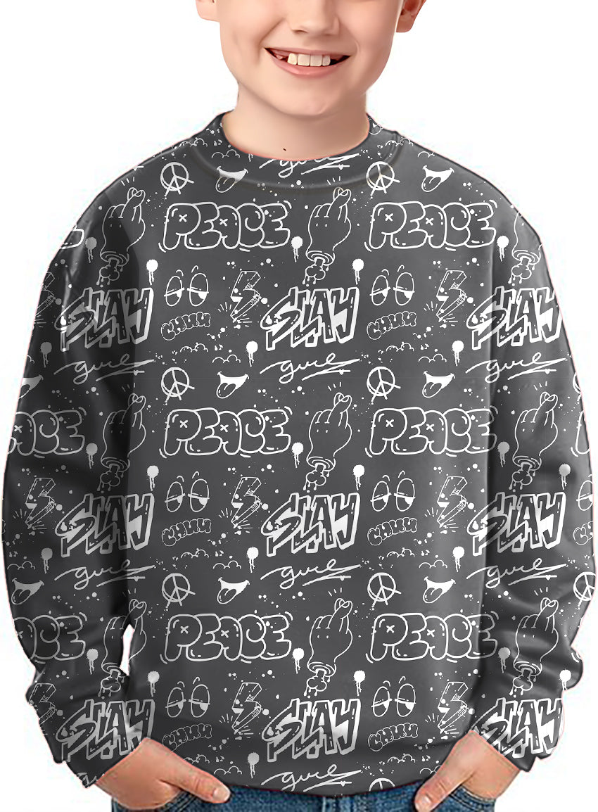 Kids gray Slay Peace crewneck pullover with peace and slay graphic print