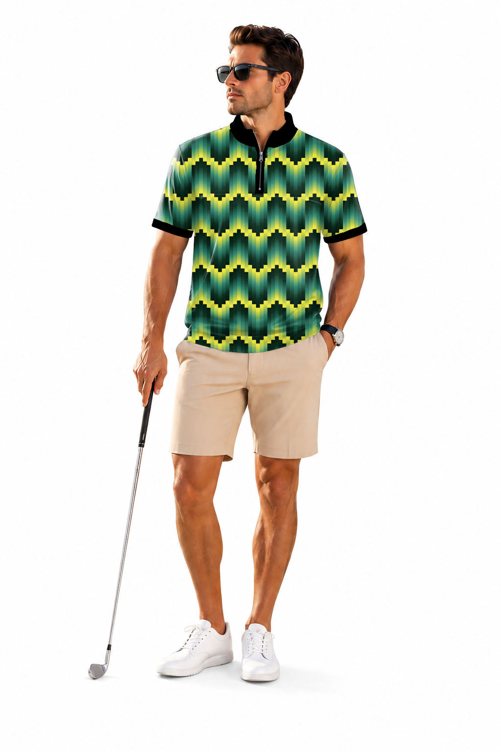 Men's Short Sleeve Quarter Zip Golf Pullover Green Ripples Custom Sport Team Competition Uniforms Embroidery