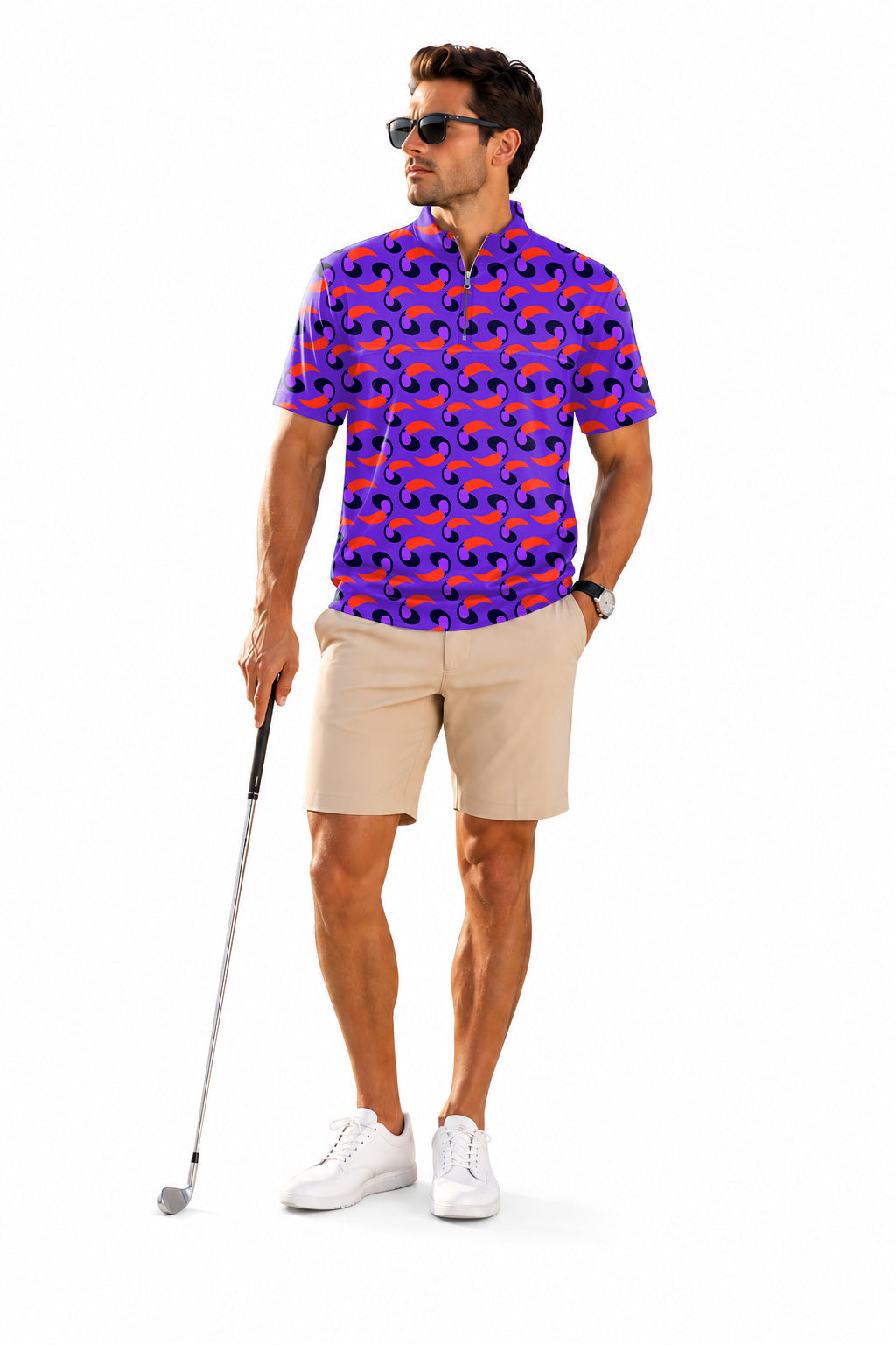 Men's Short Sleeve Quarter Zip Golf Pullover purple toucan Embroidery