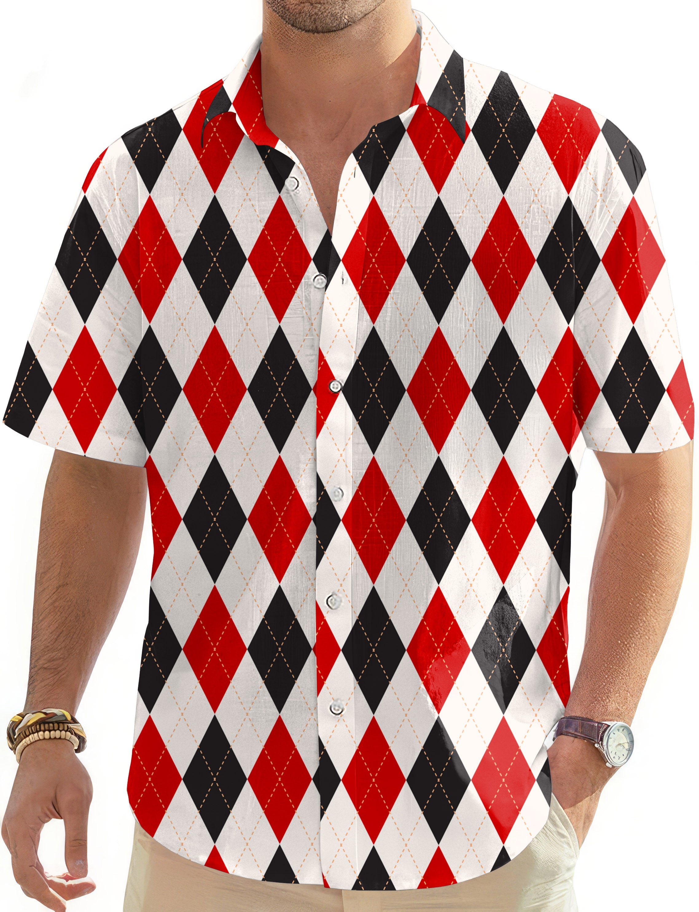 Men's short sleeve button-down golf shirt with argyle red black grid pattern