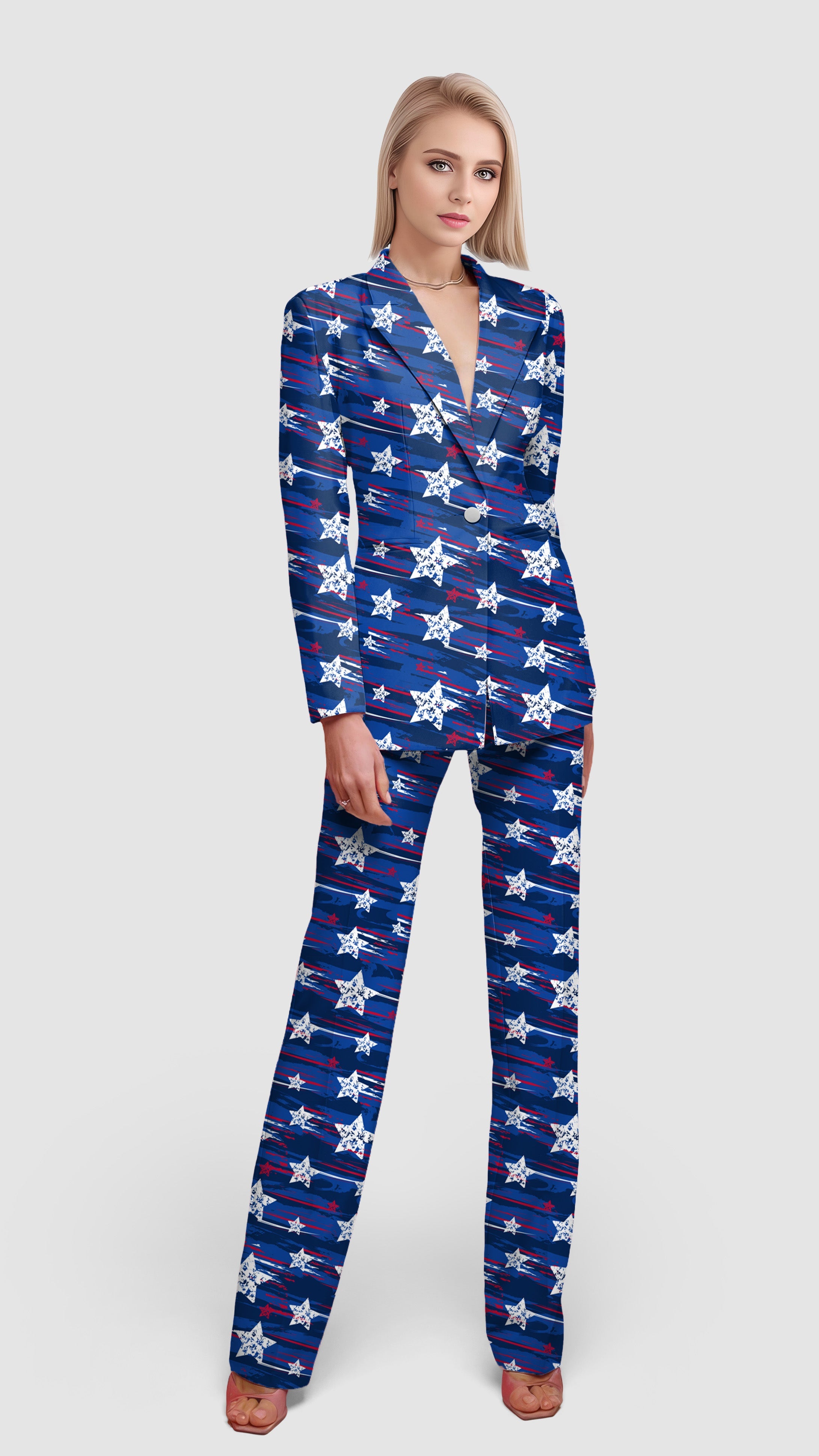 American Star-Women's blazer suit set with star pattern for casual and office wear