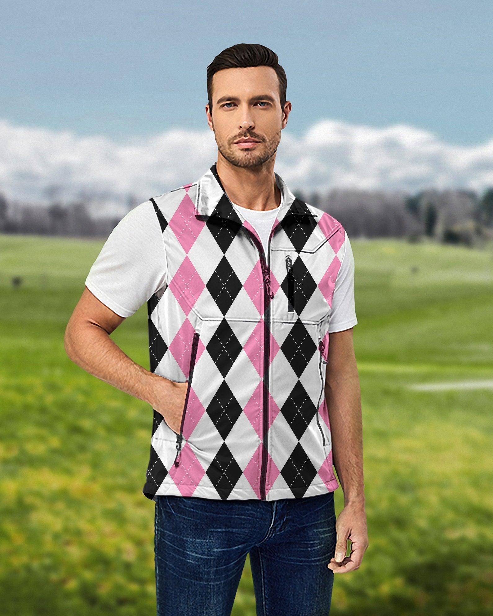Men's pink black argyle sleeveless softshell vest for golf, windproof and waterproof