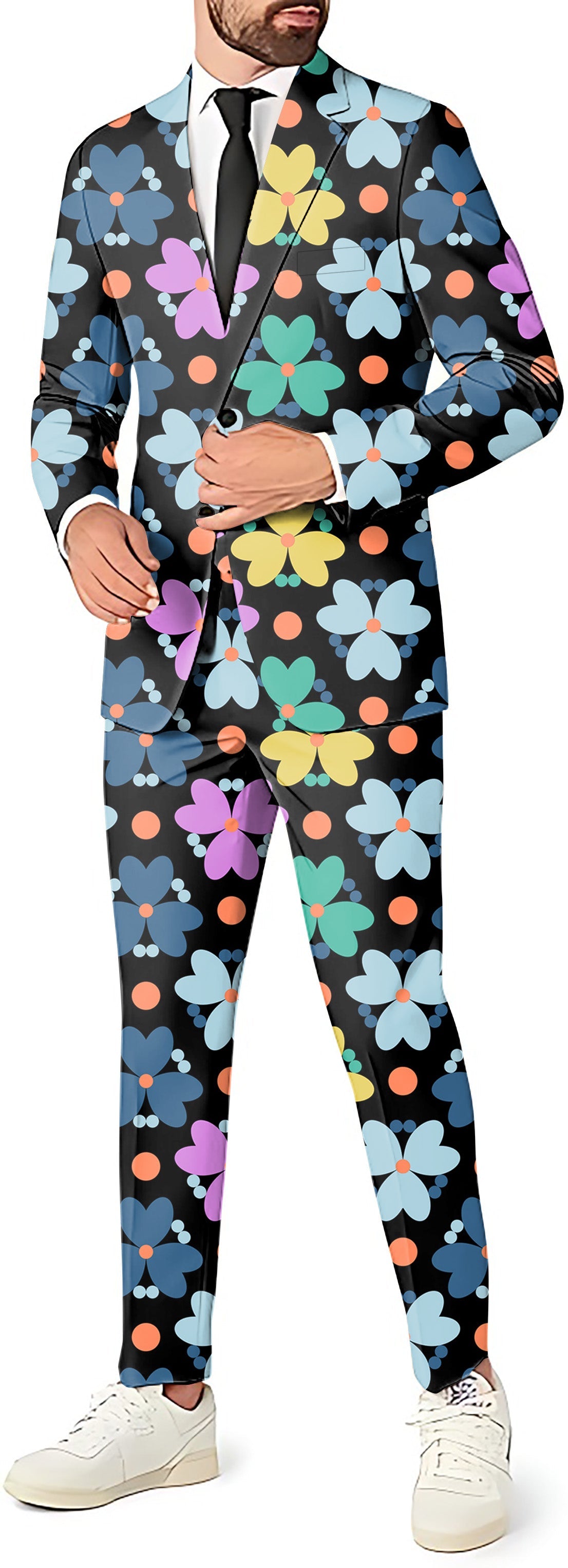 Modern Flowers men's party suit set with blazer, pants, and vest featuring colorful floral pattern