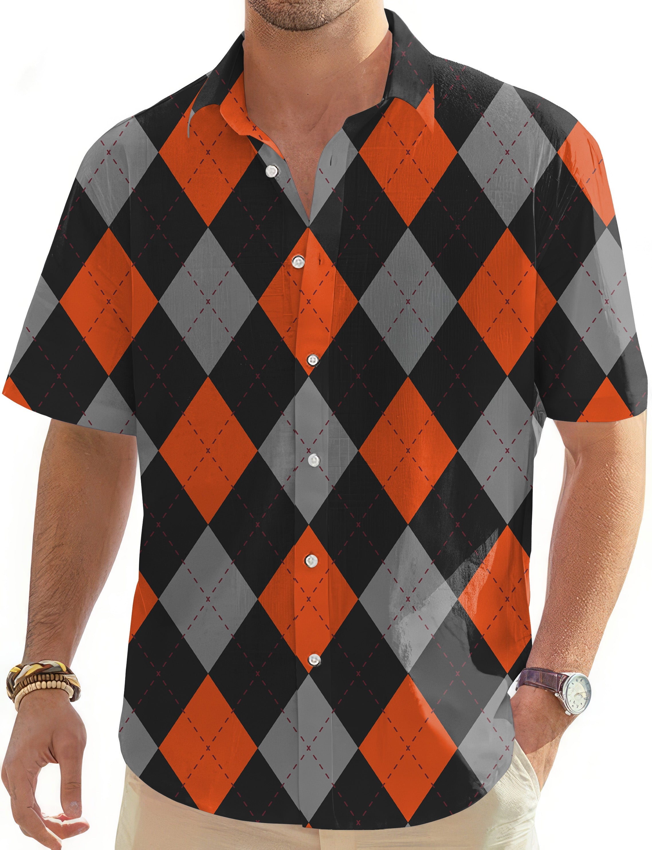 Men's Halloween Black Red Argyle short sleeve button down Hawaiian golf shirt