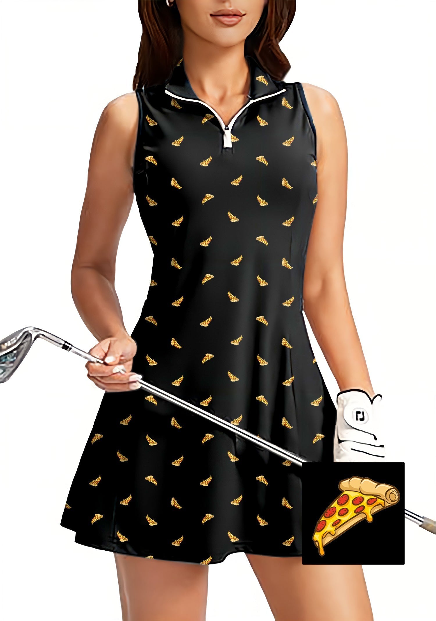 Women's sleeveless black golf dress with white pizza custom print and built-in shorts