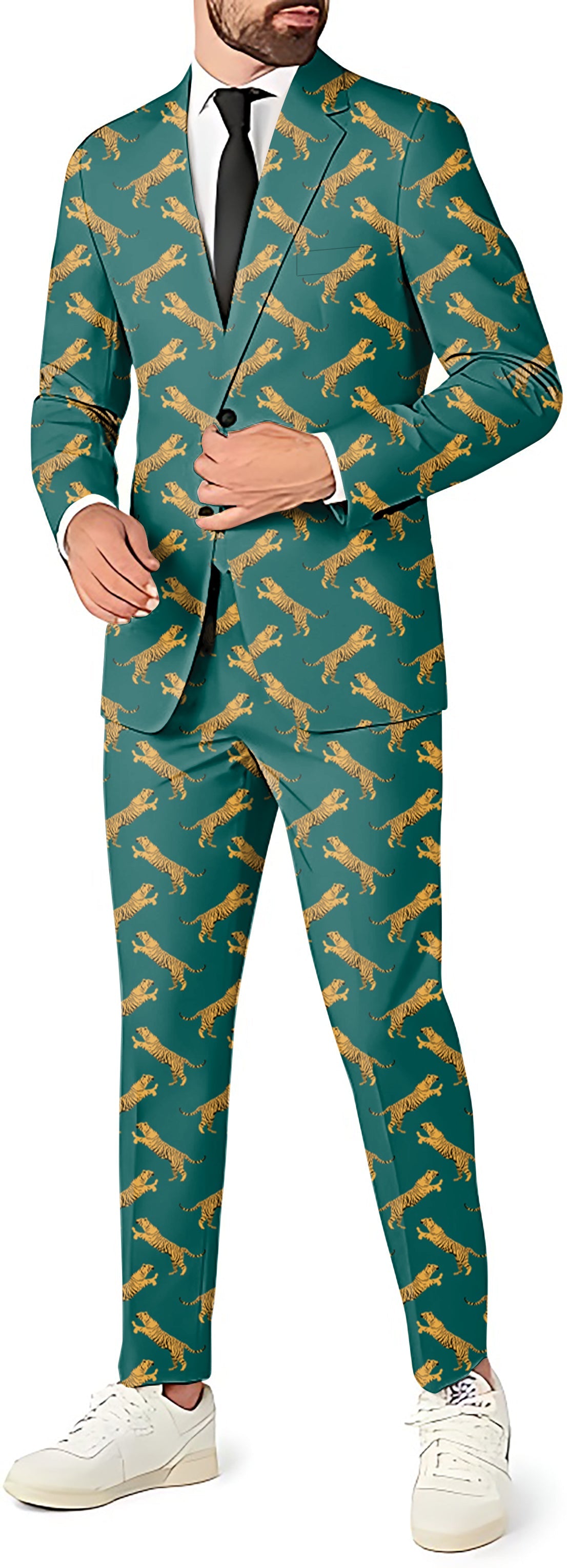 men's party costume green tiger print blazer pants and vest suit set