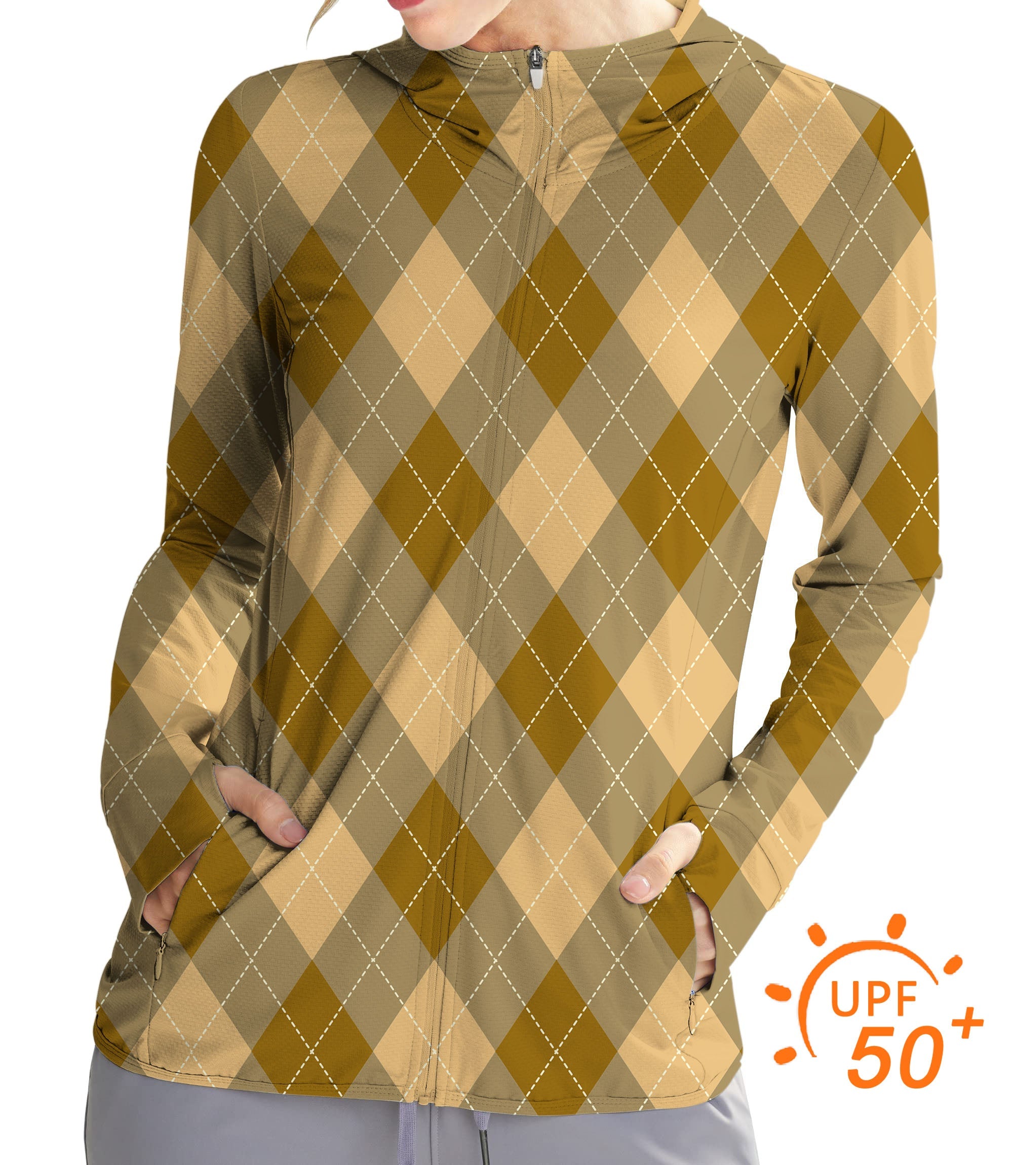 Women's outdoor brown Argyle golf zip hoodie with UPF 50+ sun protection and slim fit design