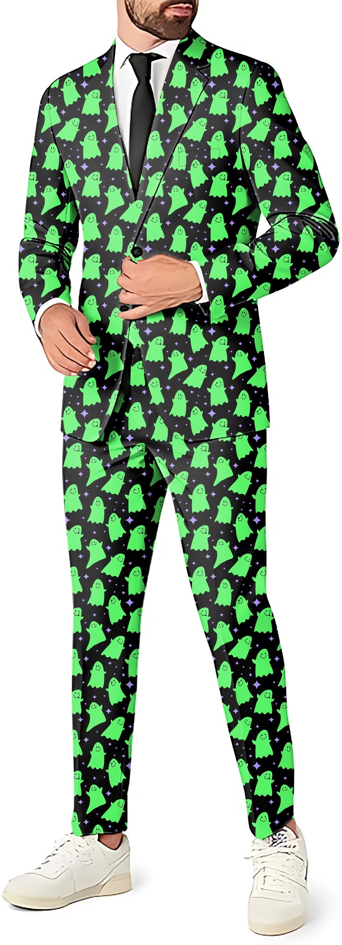 Men's Halloween green ghost suit set with blazer, pants, and vest for party costumes