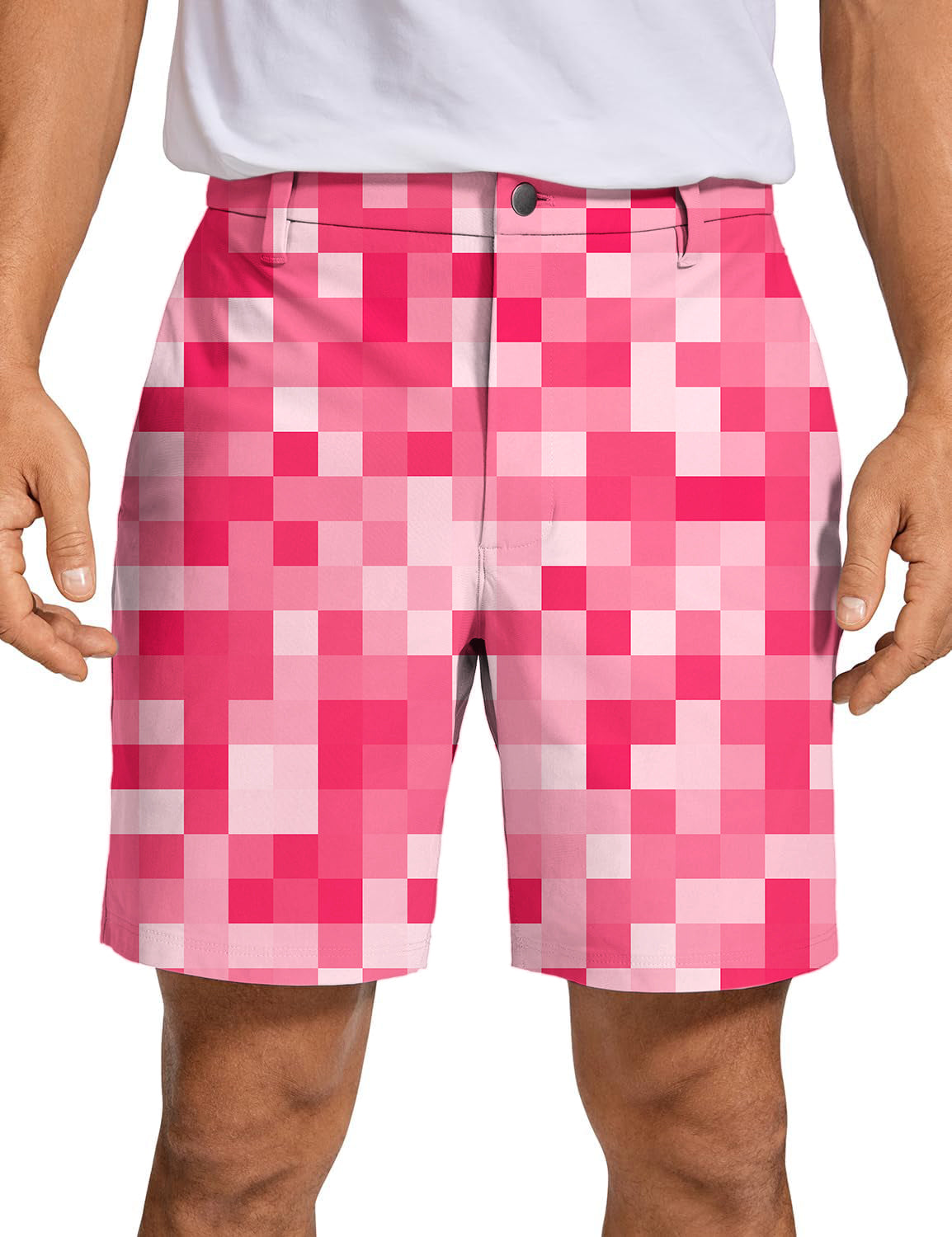 Men's light red pixel pattern big golf shorts with quick-dry, breathable fabric and two-way stretch.