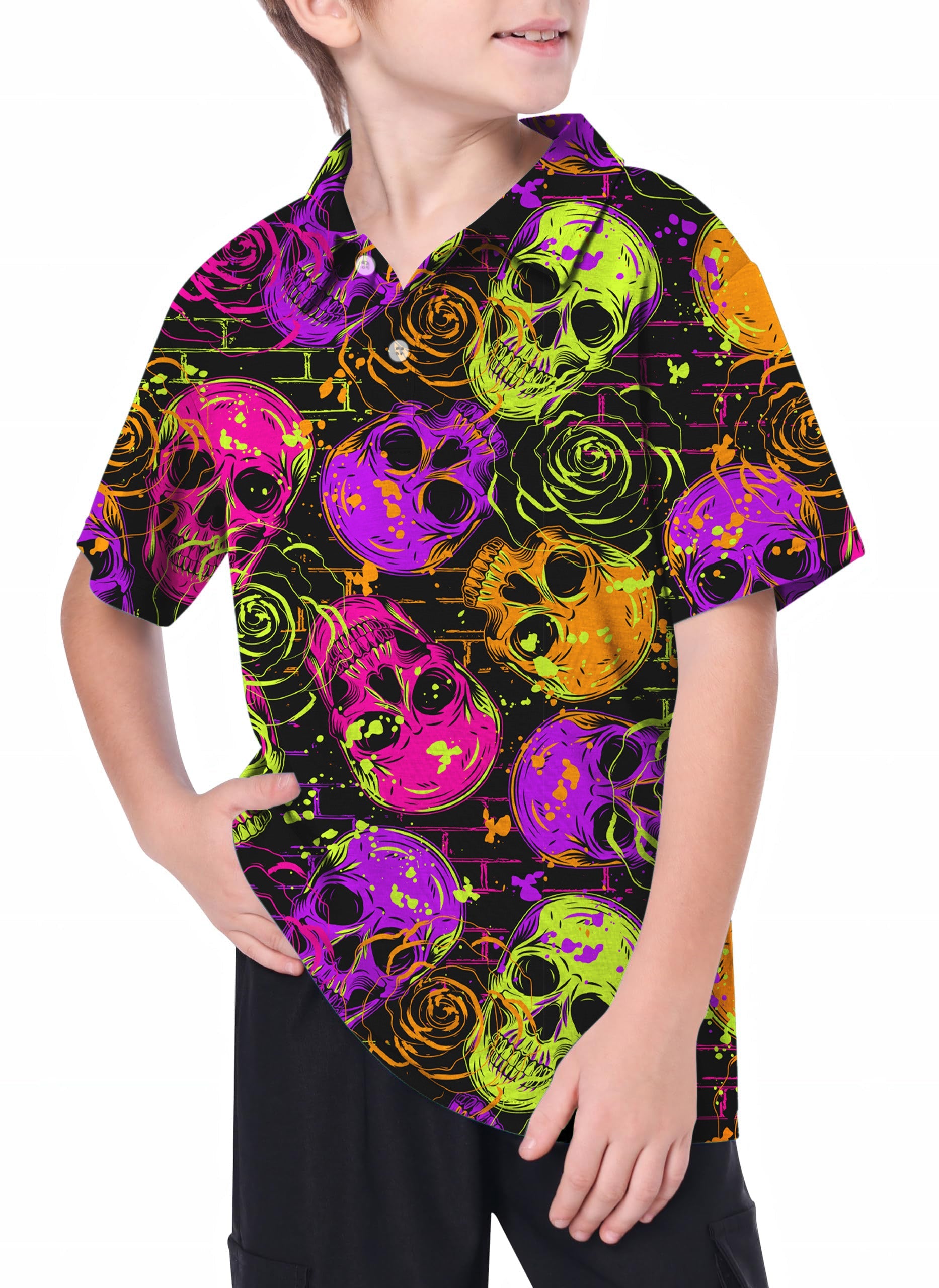 Youth Halloween Colors skull print youth golf polo shirt with 4-way stretch and moisture-wicking fabric