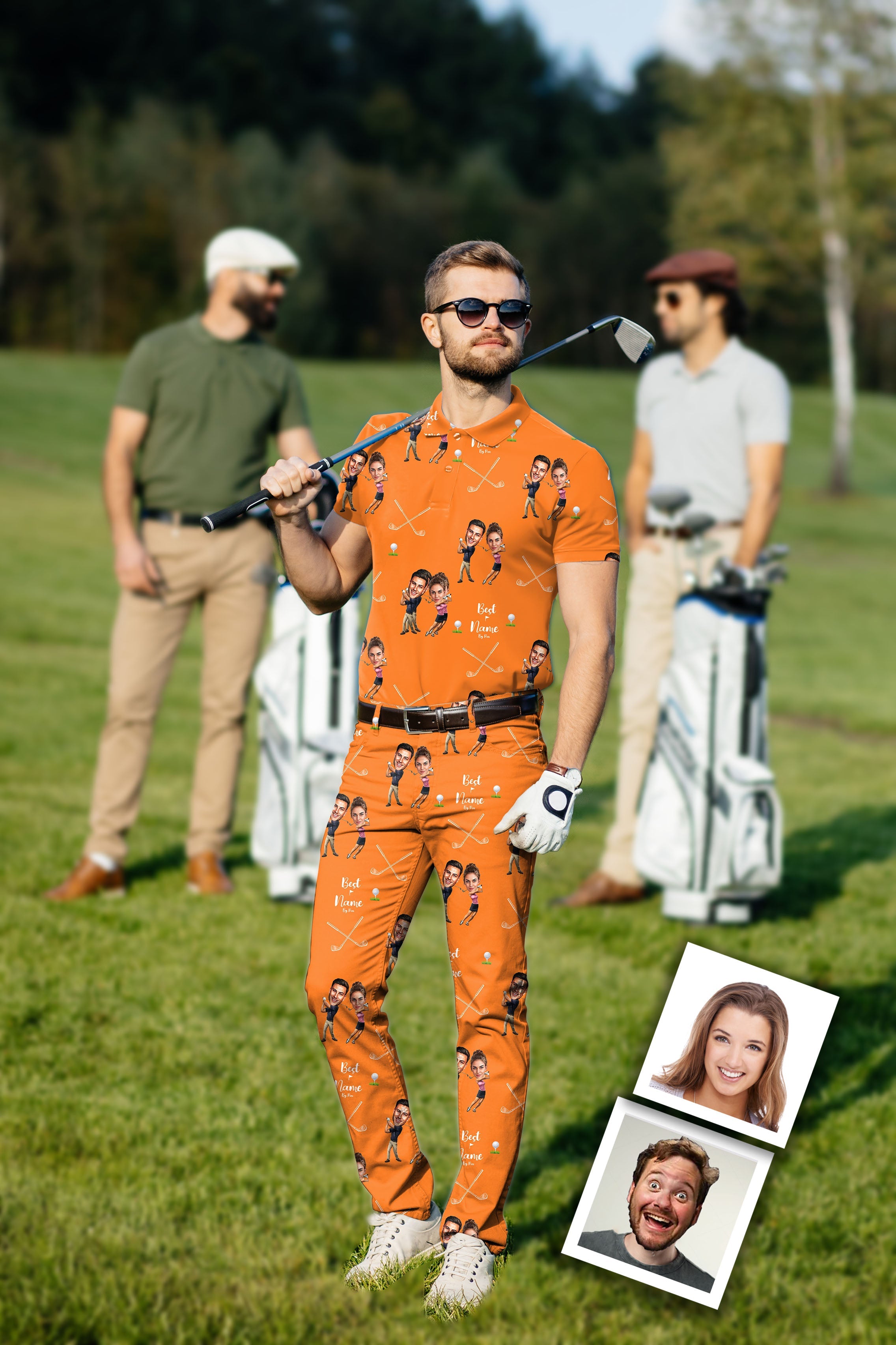 Men's Golf Set custom polo and pants with personalized photo and name design on orange breathable fabric