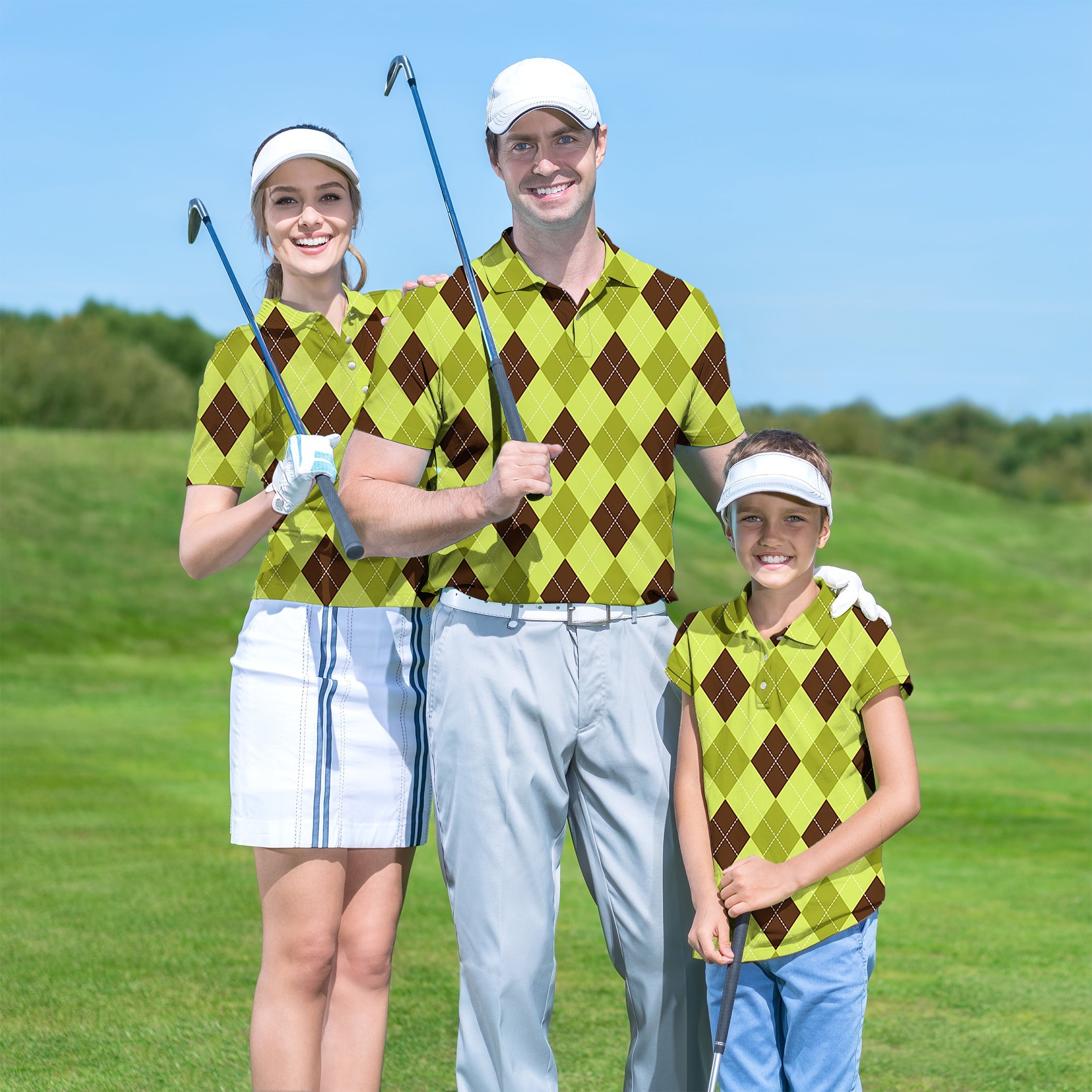 Family wearing matching Family Yollow Argyle golf shirts on a golf course