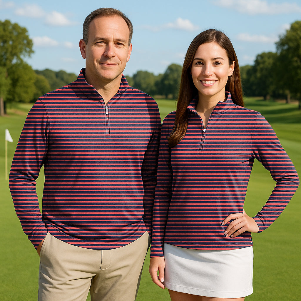 Couple wearing navy red stripes 3/4 zip active golf tops with long sleeves on golf course