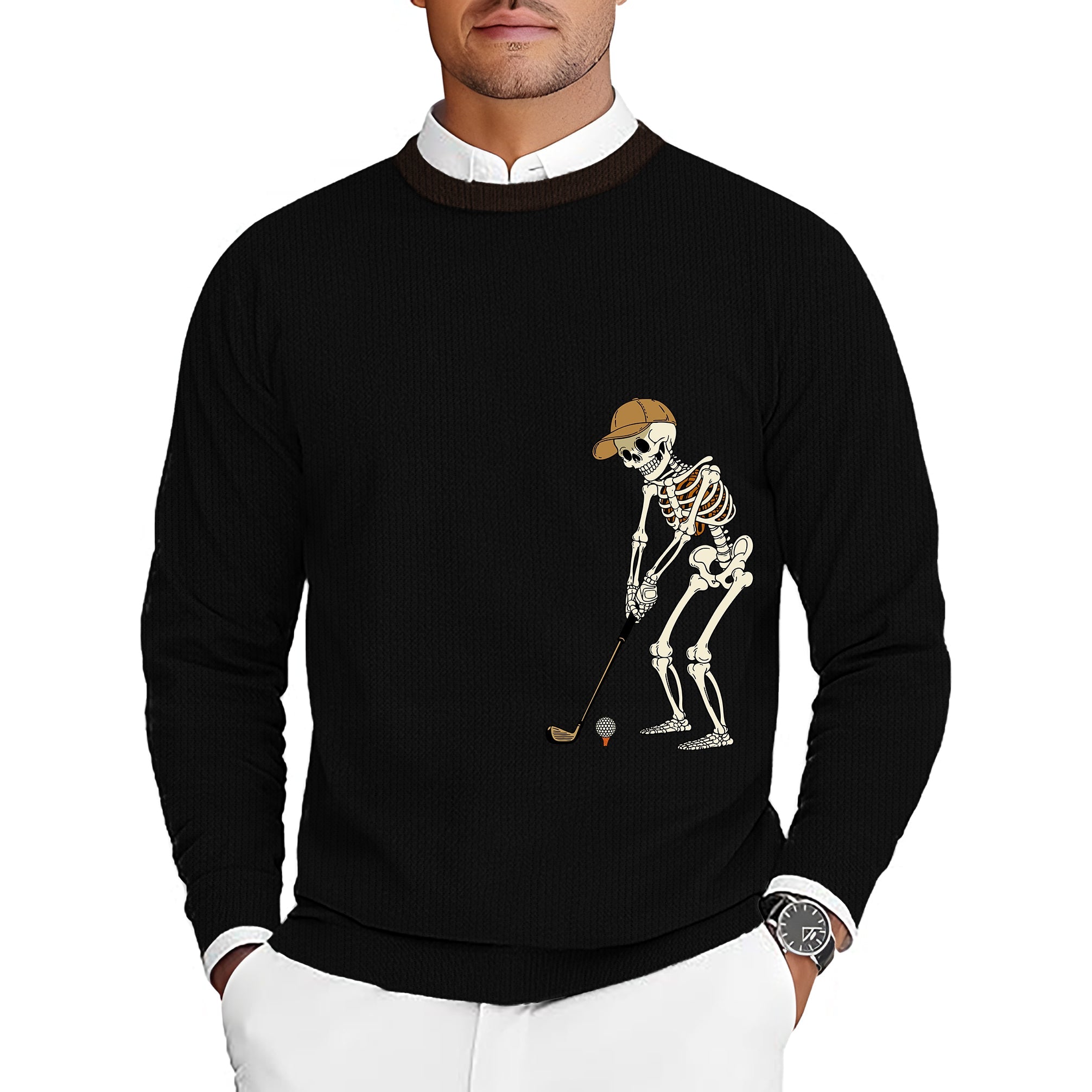 Men's black crewneck pullover sweater with yellow and brown Halloween skeleton golf design