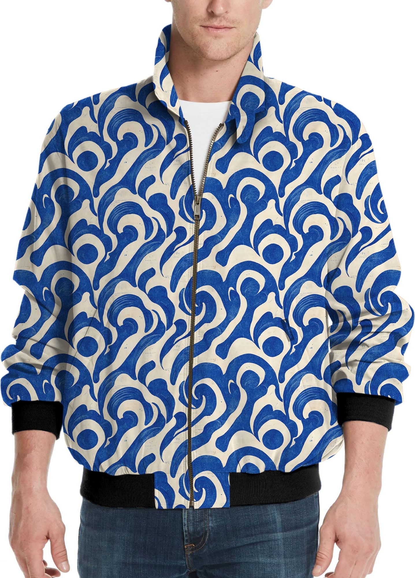 Men's Blue Harmony golf windbreaker jacket with blue and white pattern and black cuffs