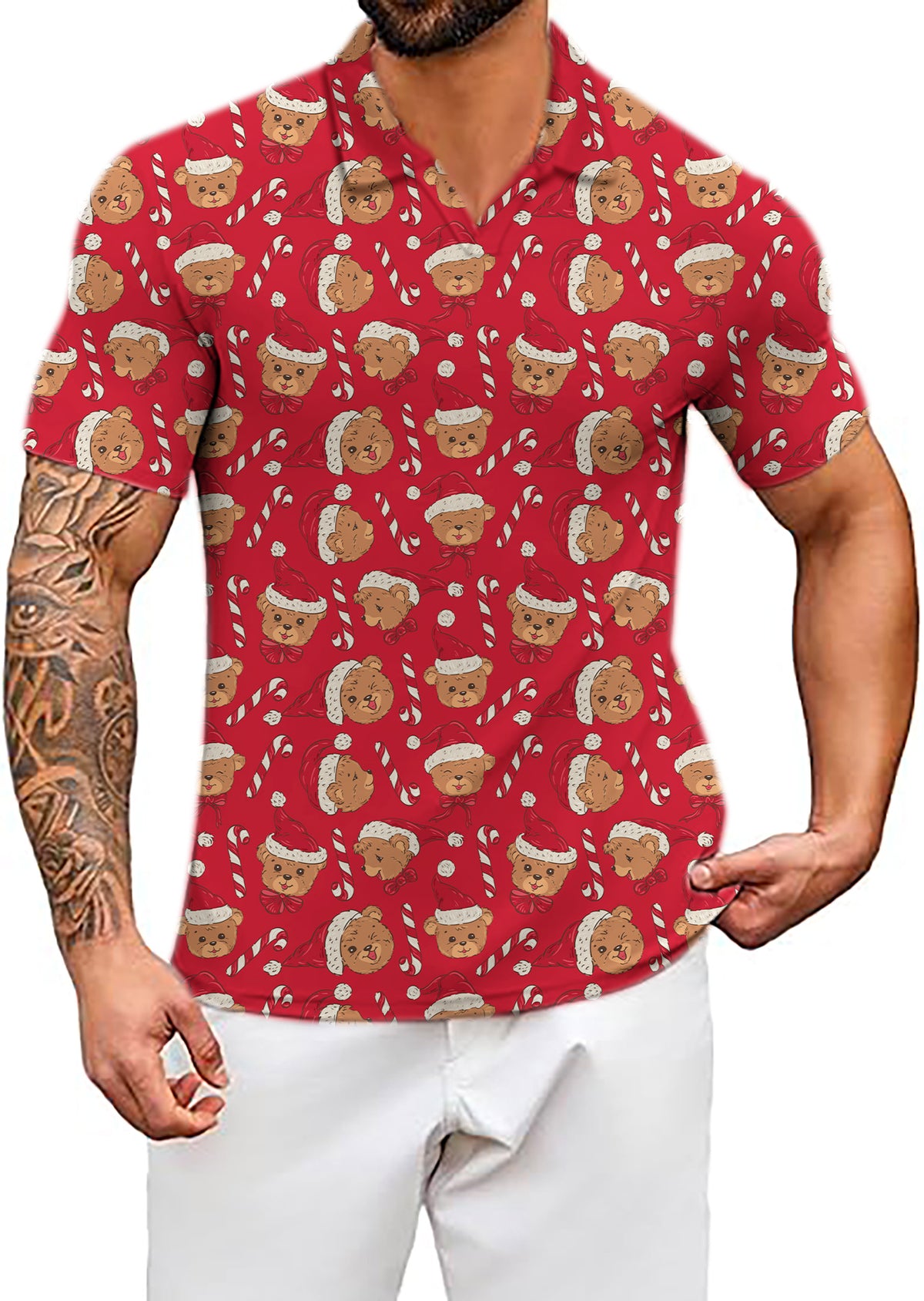 Men's Red Christmas Teddy Bear V Neck Golf Polo Shirts