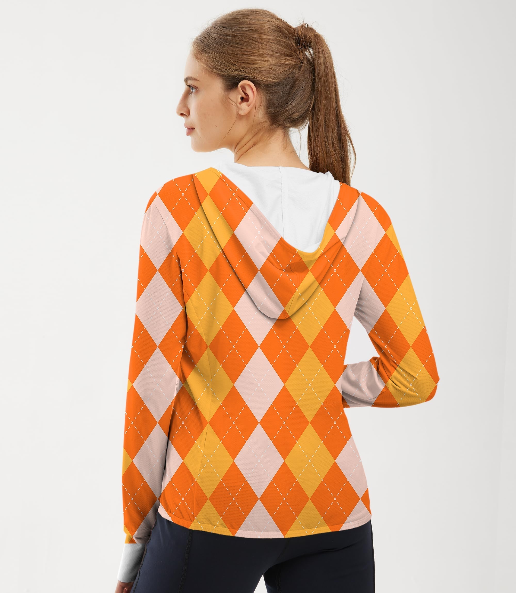 Women's outdoor Halloween orange apricot argyle zip hoodie with sun protection and slim fit design