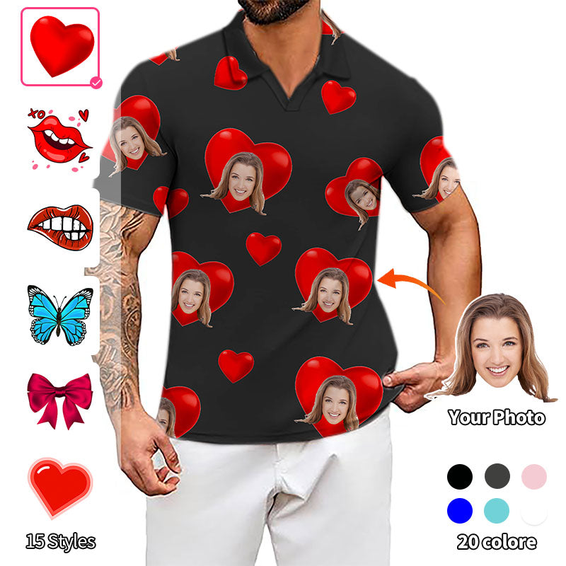 Valentine's Day men's custom photo black V-neck golf polo shirt with hearts and face print