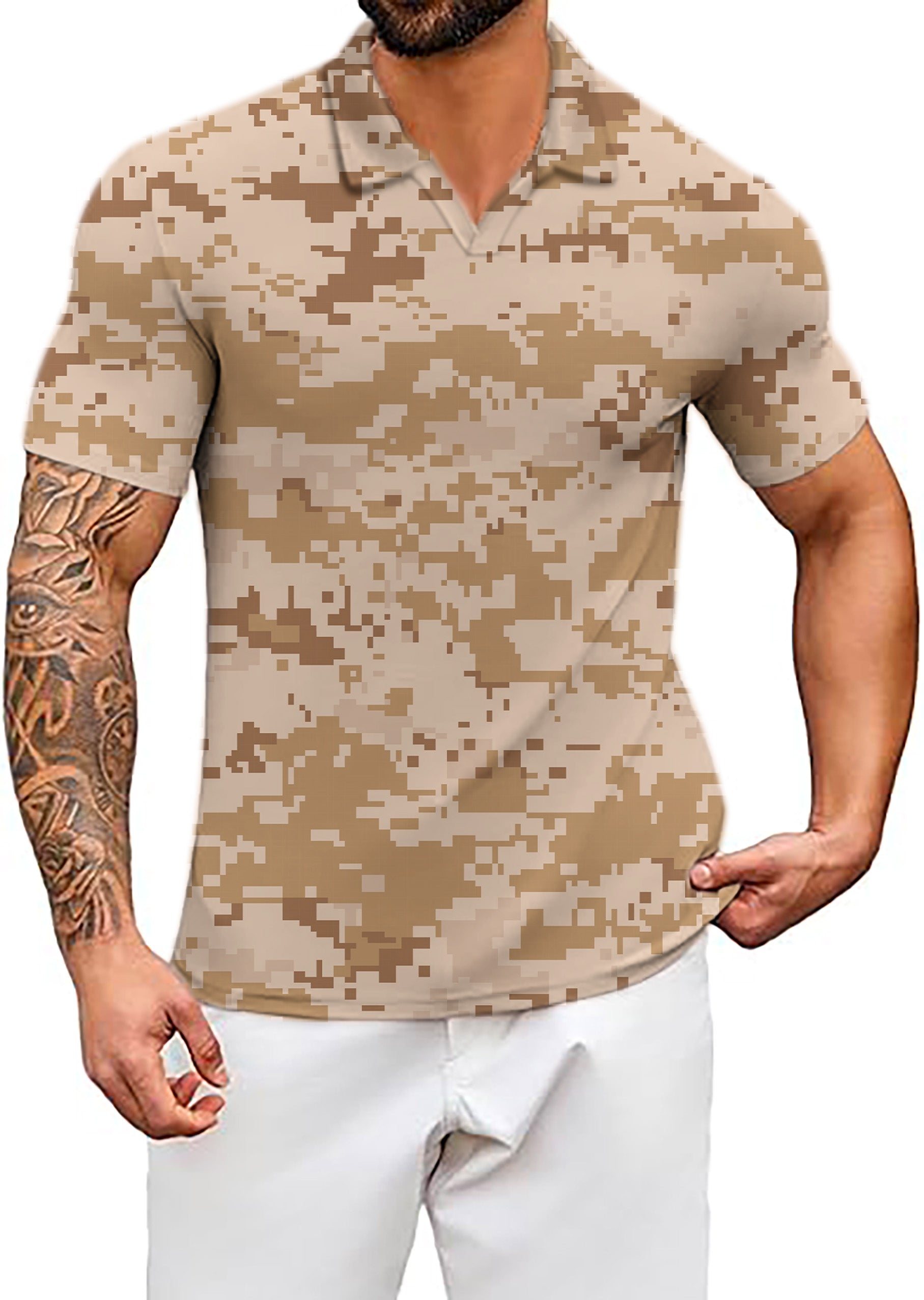 Men's Desert Camo V Neck Golf Polo Shirts