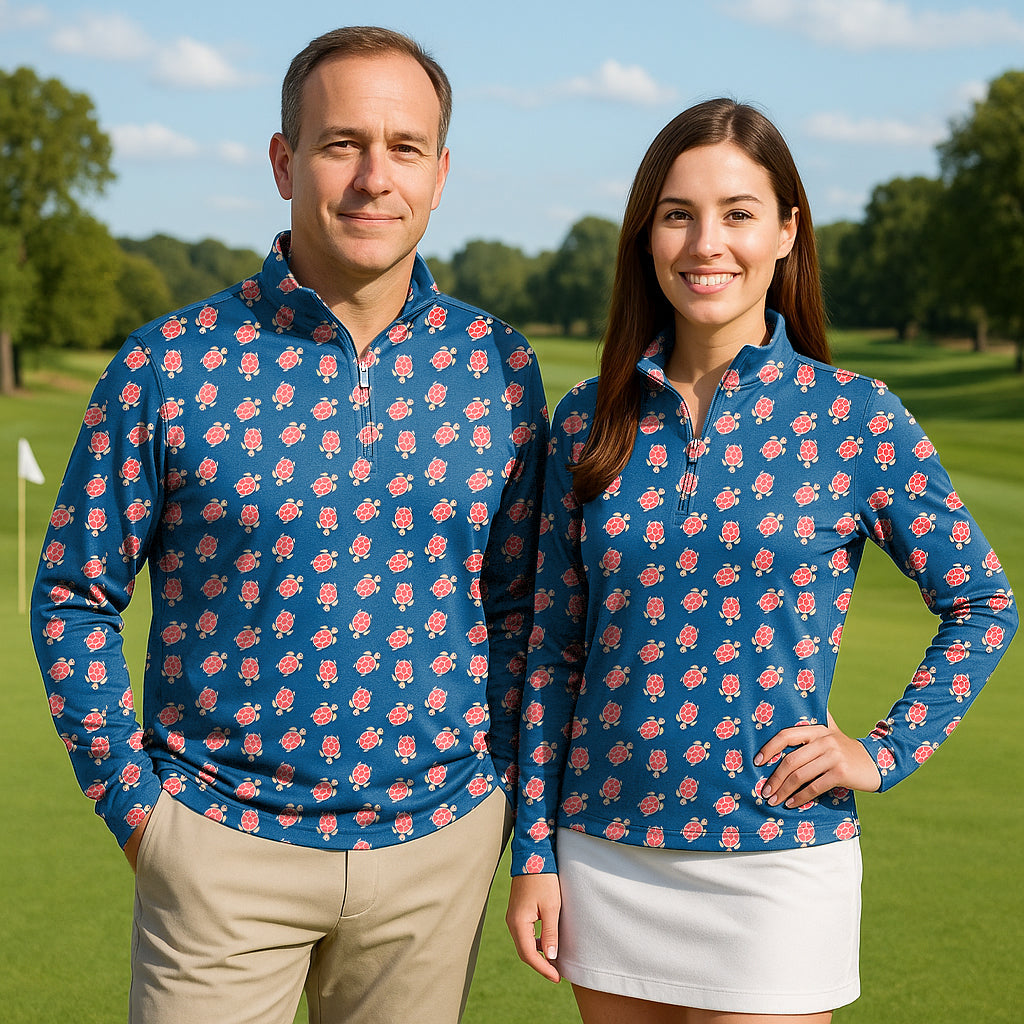 Blue and Turtle Couple golf active 3/4 zip top long sleeves worn by man and woman on golf course