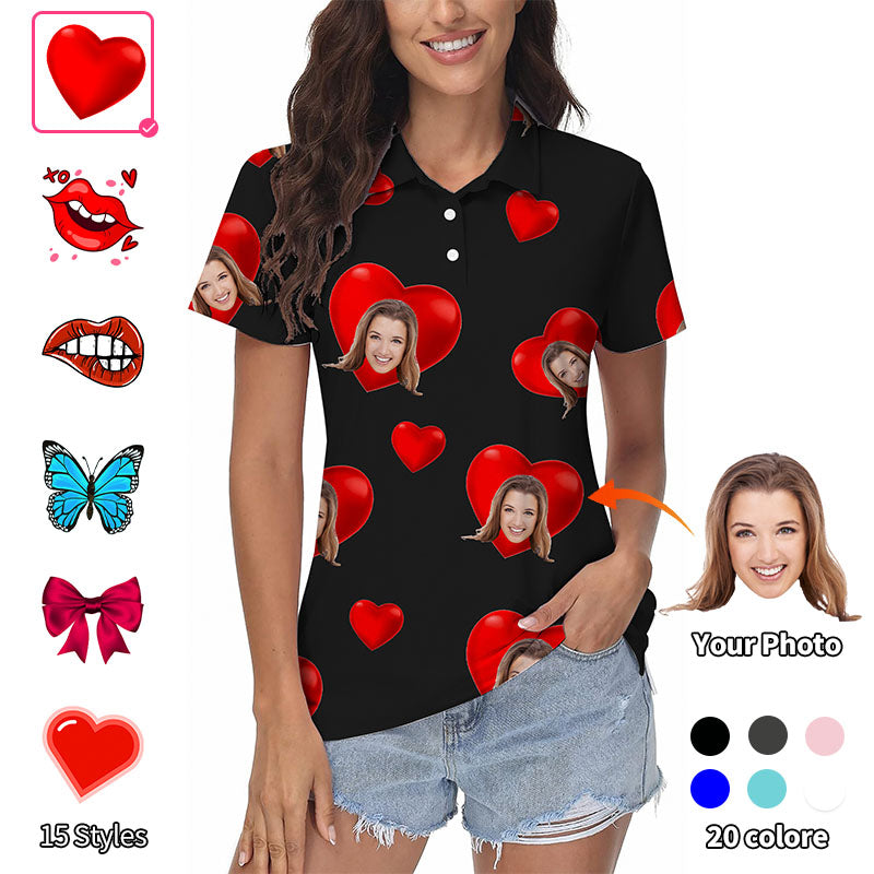 Women's black golf polo with Valentine's Day custom photo face and red heart design, stretchy, moisture-wicking, wrinkle-resistant, UPF 40+ fabric, classic fit.