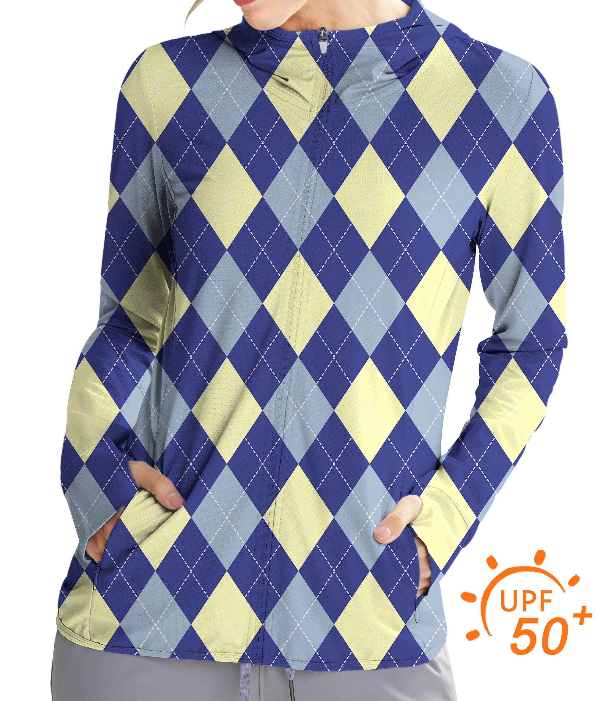 Women’s outdoor blue argyle zip hoodie with UPF 50+ sun protection and thumb holes
