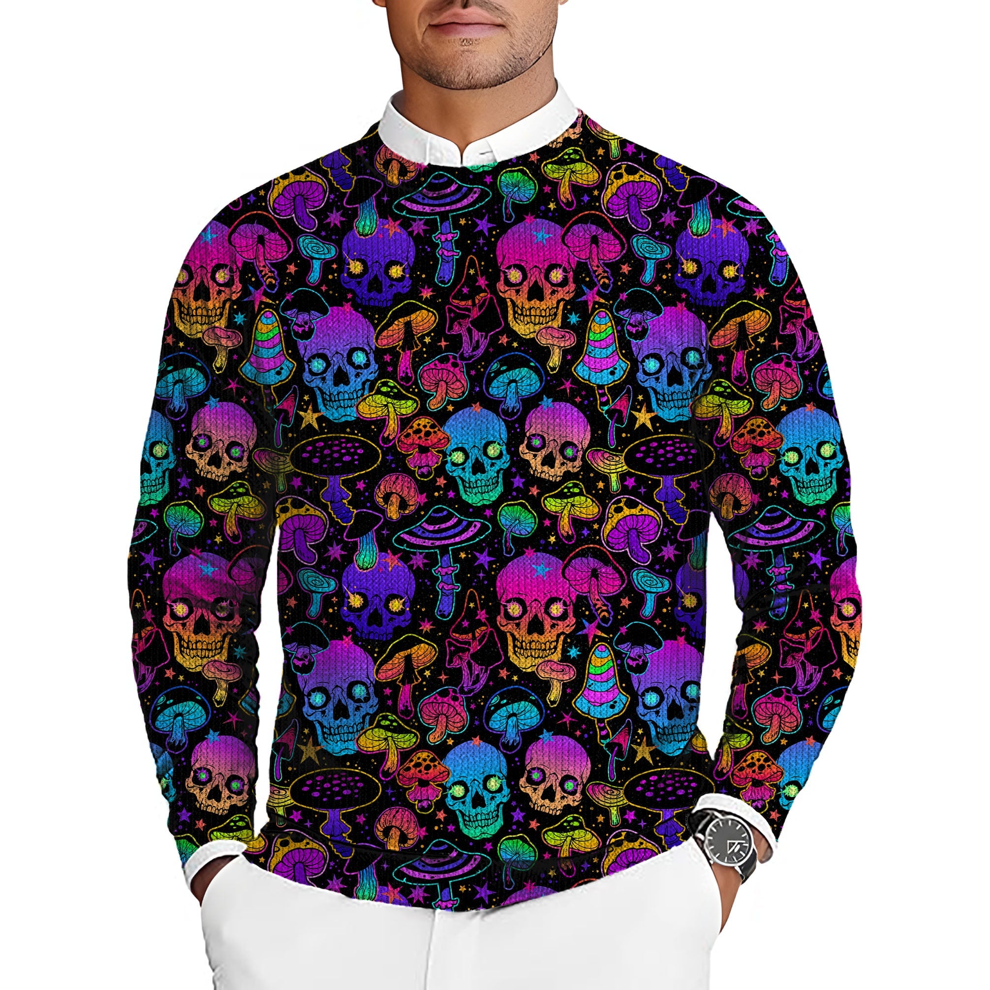 neon skull men's golf crewneck pullover sweater with colorful skull and mushroom pattern