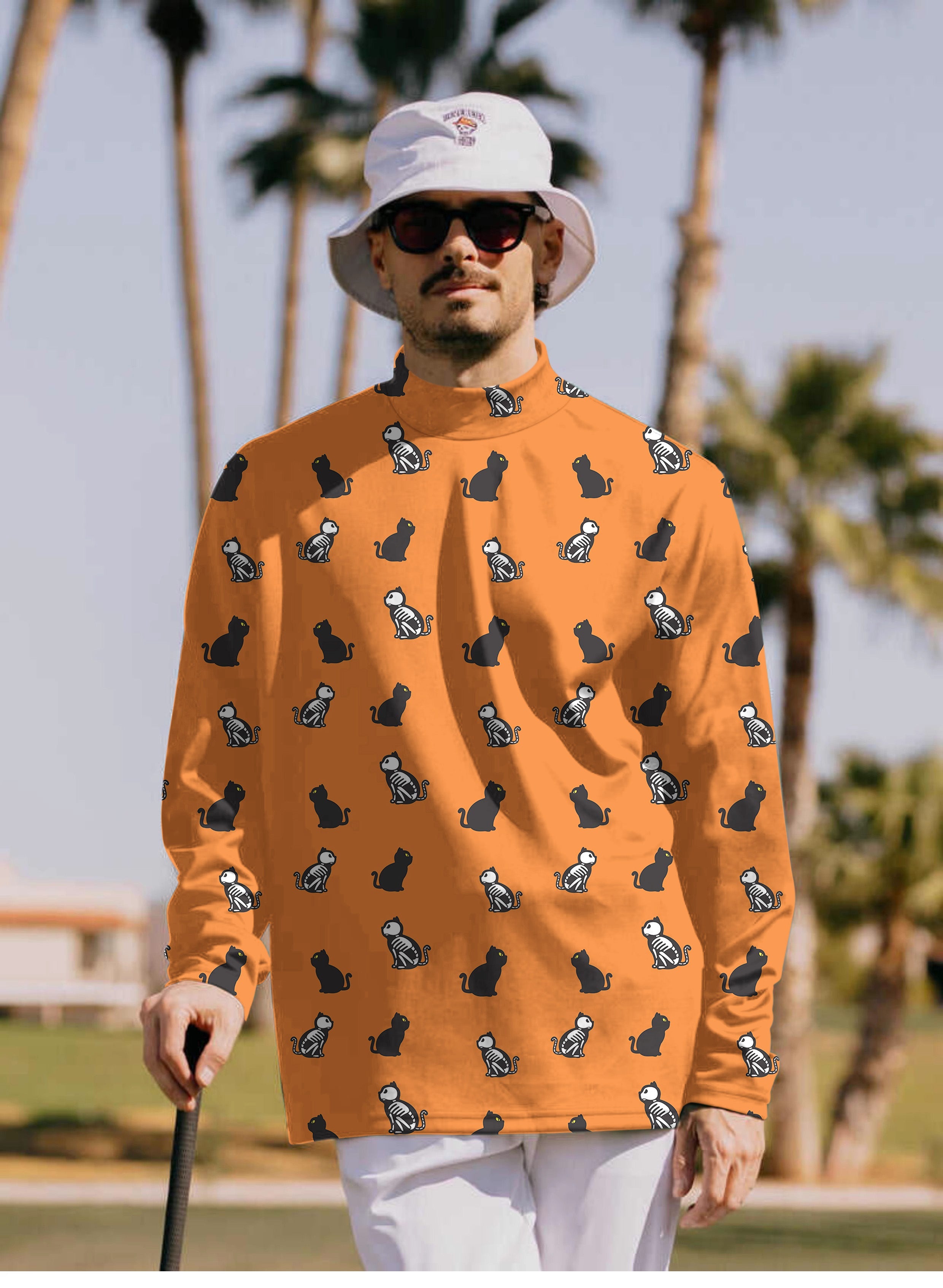 Men's Halloween Skull cat print high neck orange pullover with long sleeves