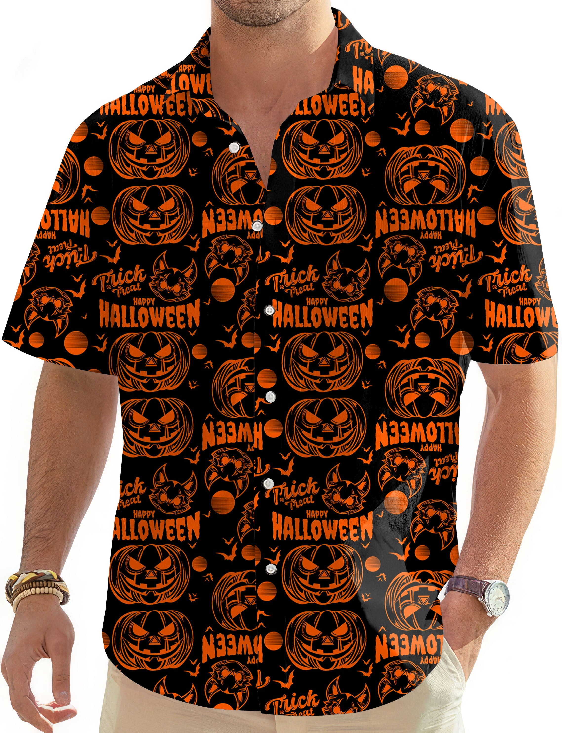 Men's Happy Halloween Pumpkin Hawaiian golf button-down shirt with orange pumpkin print