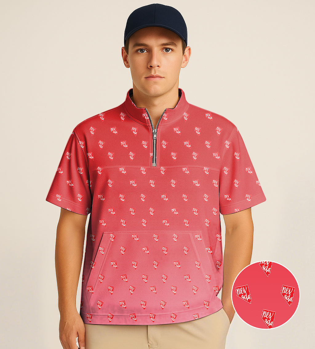 Men's Short Sleeve Quarter Zip Golf Pullover Red Nevada Embroidery