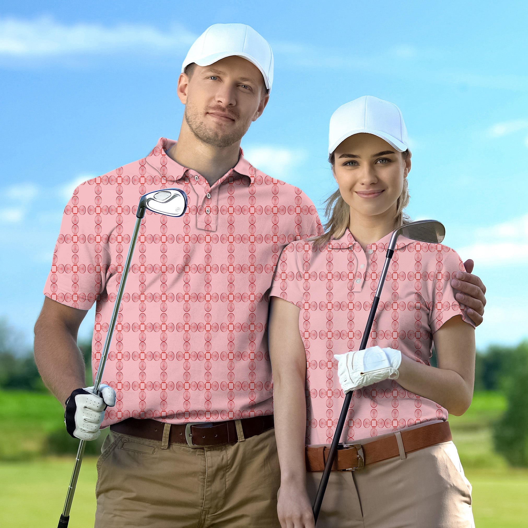 limited edition couple golf set with pink geometric pattern and white caps on golf course
