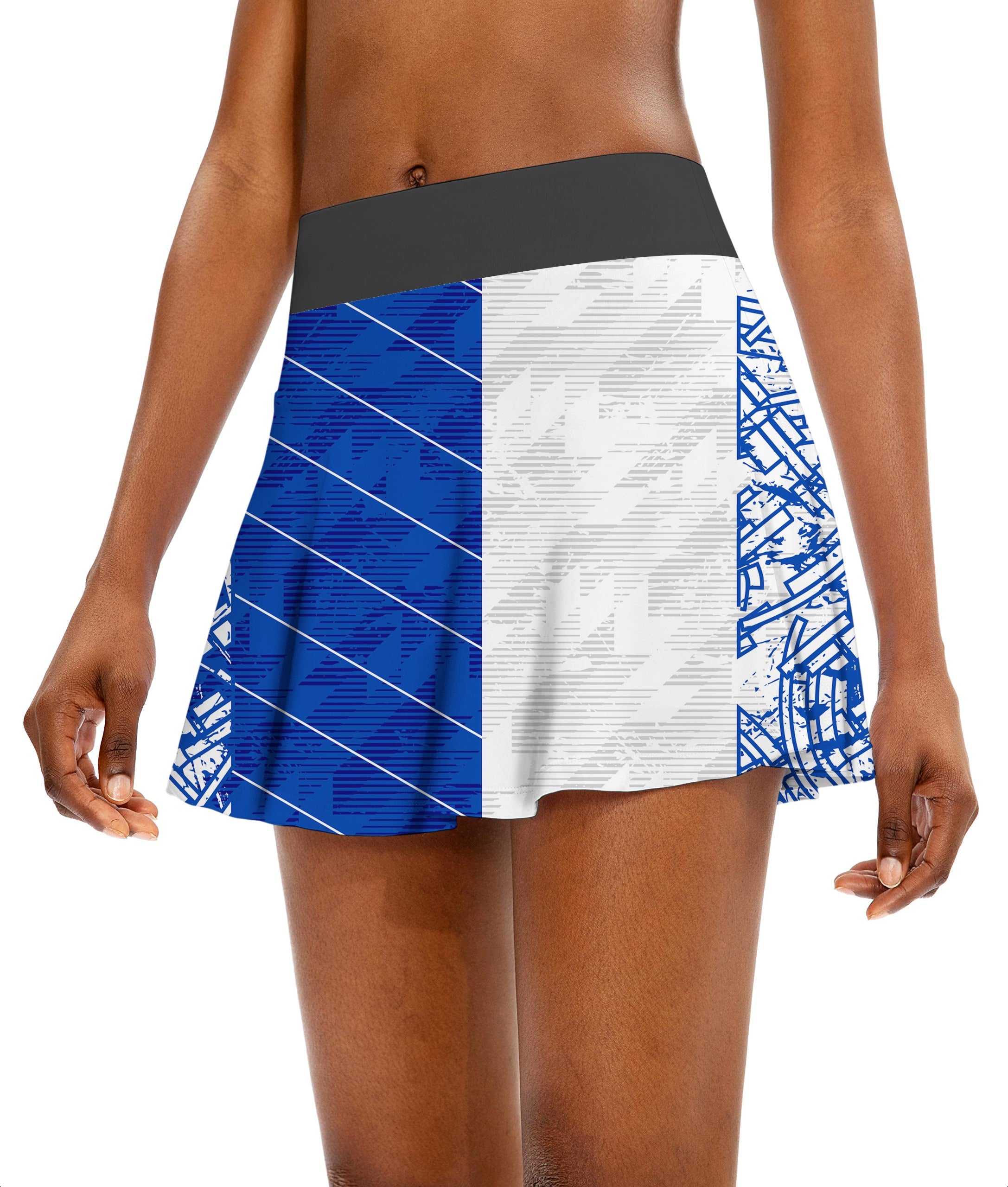 Blue stitching custom women's athletic golf skort with flared design and team customization options