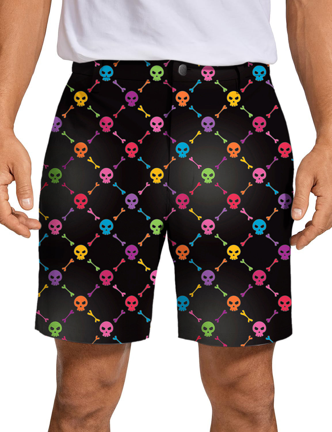 Men's Halloween Colors golf shorts with colorful skull and bones pattern on black background, quick dry and lightweight fabric