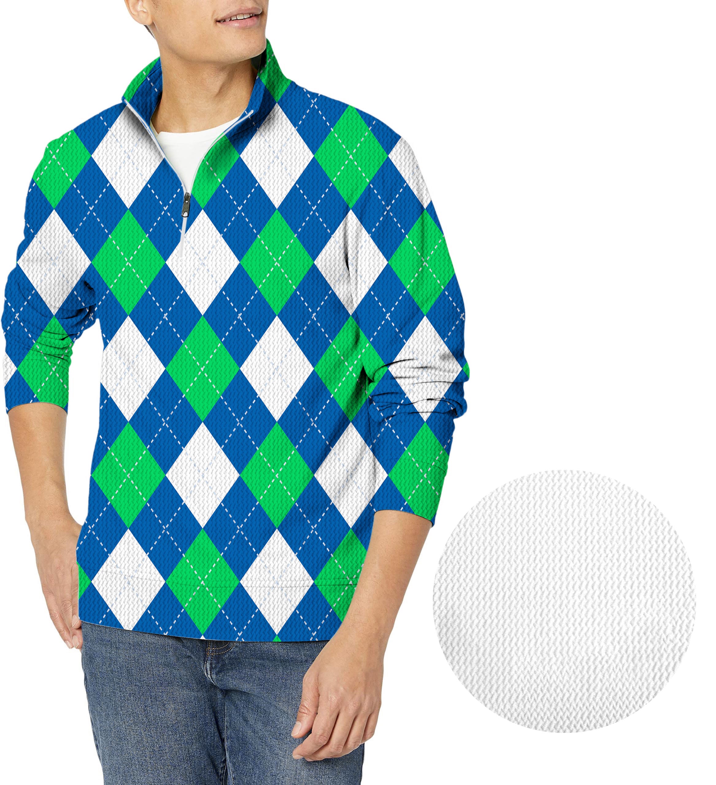 Argyle green blue-Men's Golf Waffle Zipper Pullover