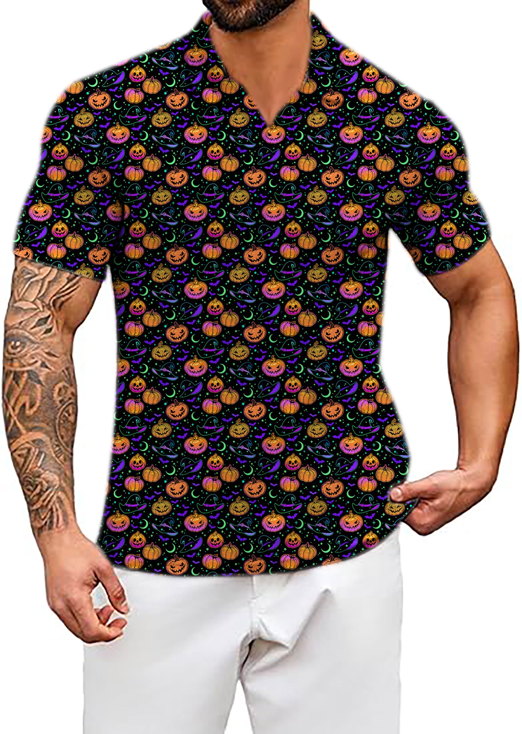 Men's Neon Magical Pumpkin V Neck Golf Polo Shirts