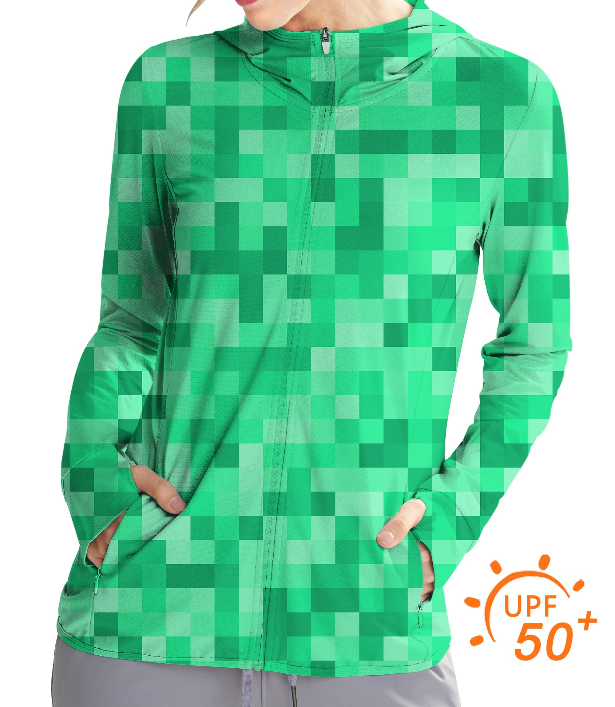 Women's outdoor green pixel big golf sun protection slim fit zip hoodie with UPF 50+ and thumb holes