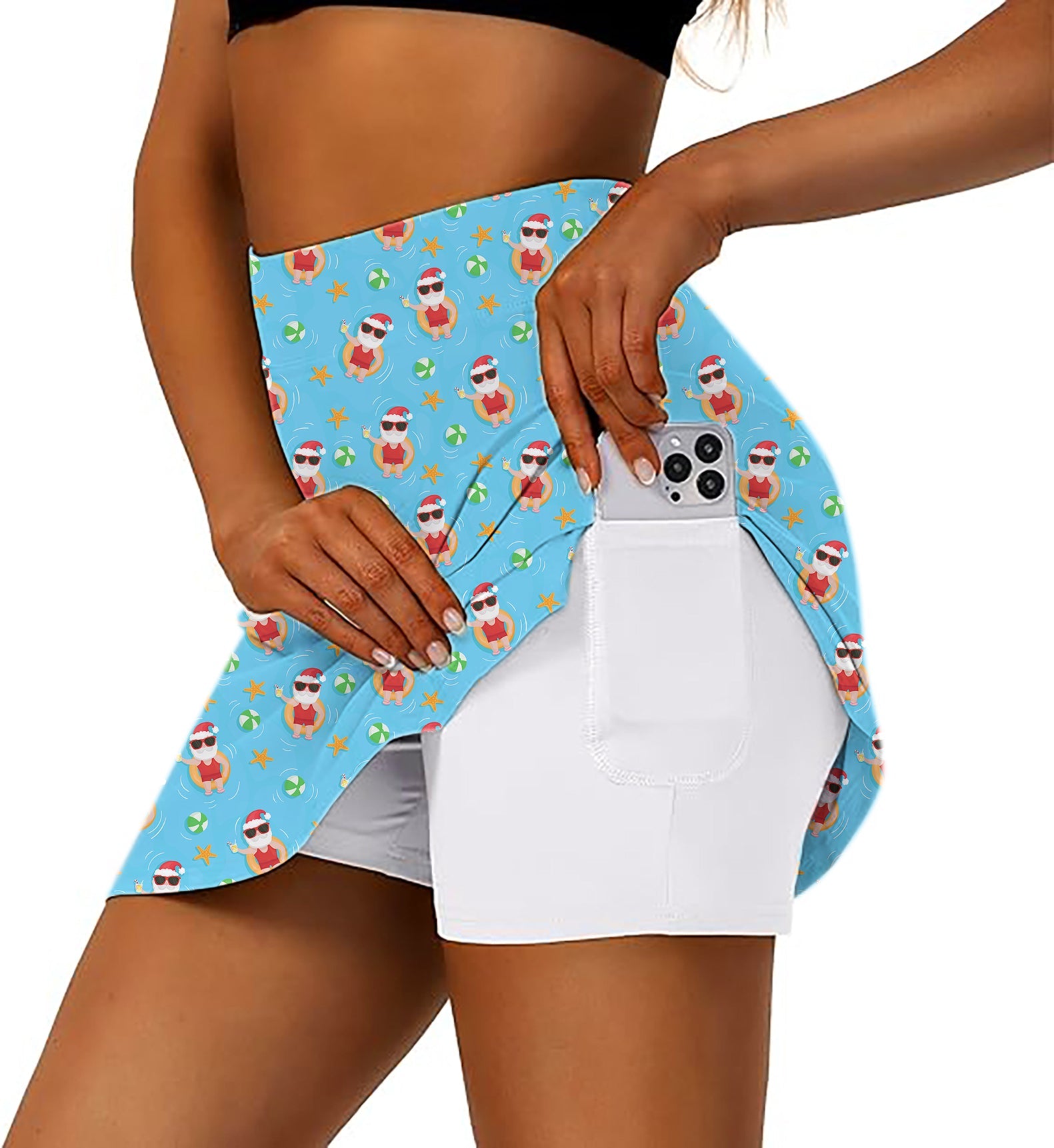 Women's Christmas Santa swim juice golf skirt with inner shorts and phone pocket, breathable and moisture-wicking fabric