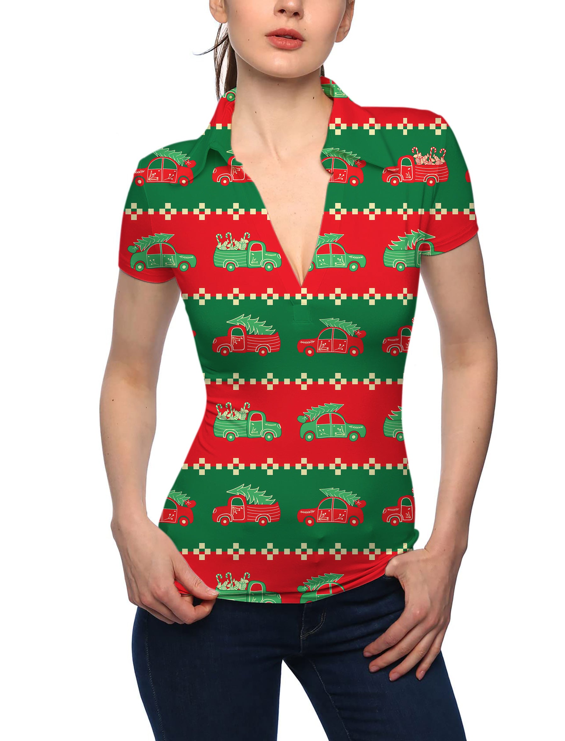 Women's Truck Christmas Gift V Neck Golf Polo
