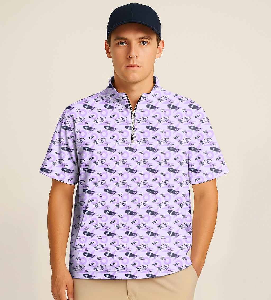 Men's half zipper turtleneck short sleeve golf shirt in purple with skate embroidery