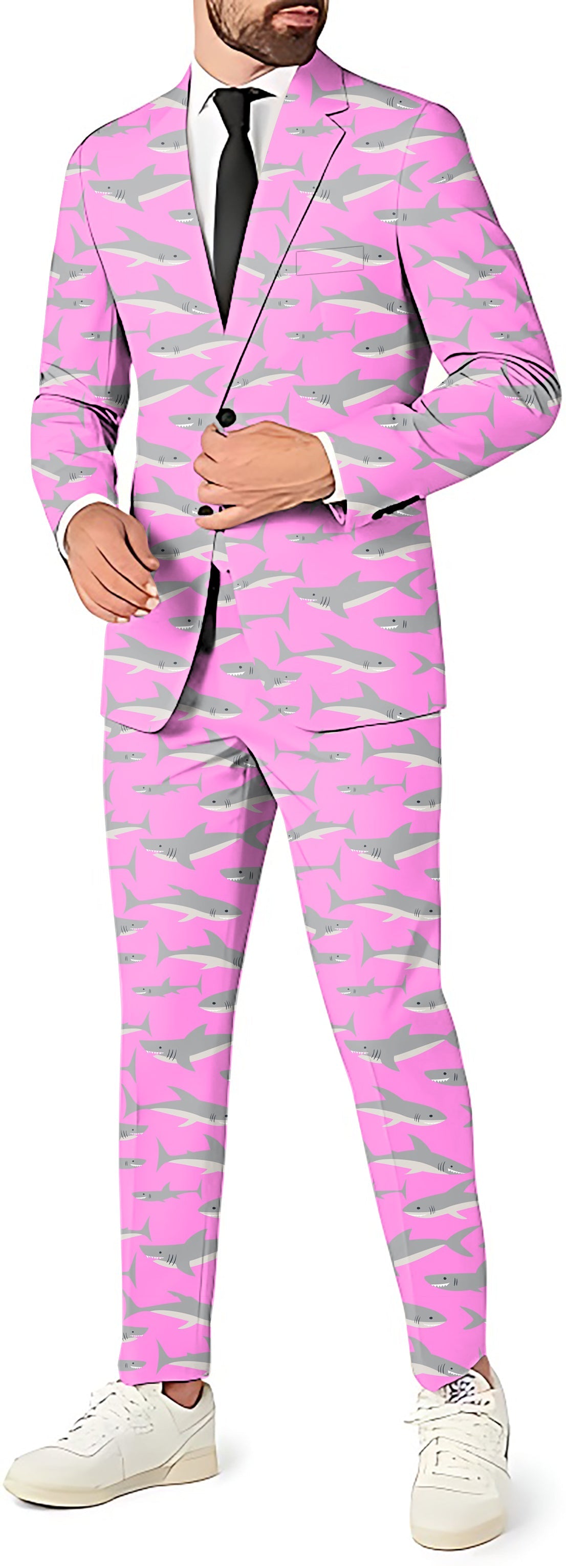 Men's pink sharks themed party suit with blazer, pants, and vest for stylish festive events