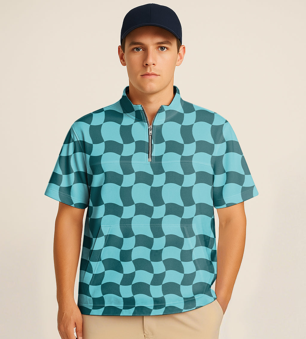 Man wearing half zipper turtleneck golf shirt with wavy square pattern and Tanjirou embroidery