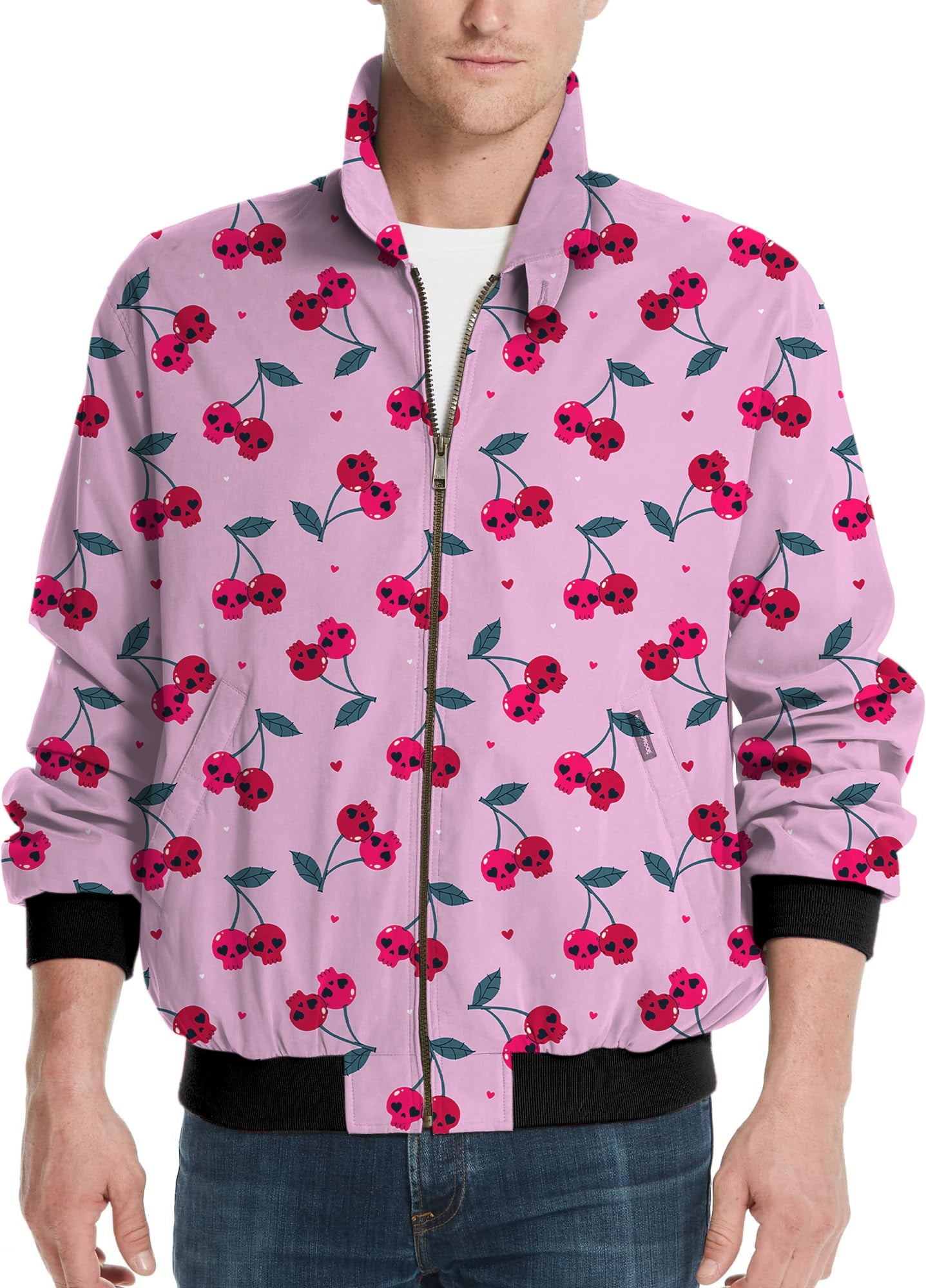 Men's Halloween Cherry Skull pattern golf windbreaker jacket in pink with red skull cherries